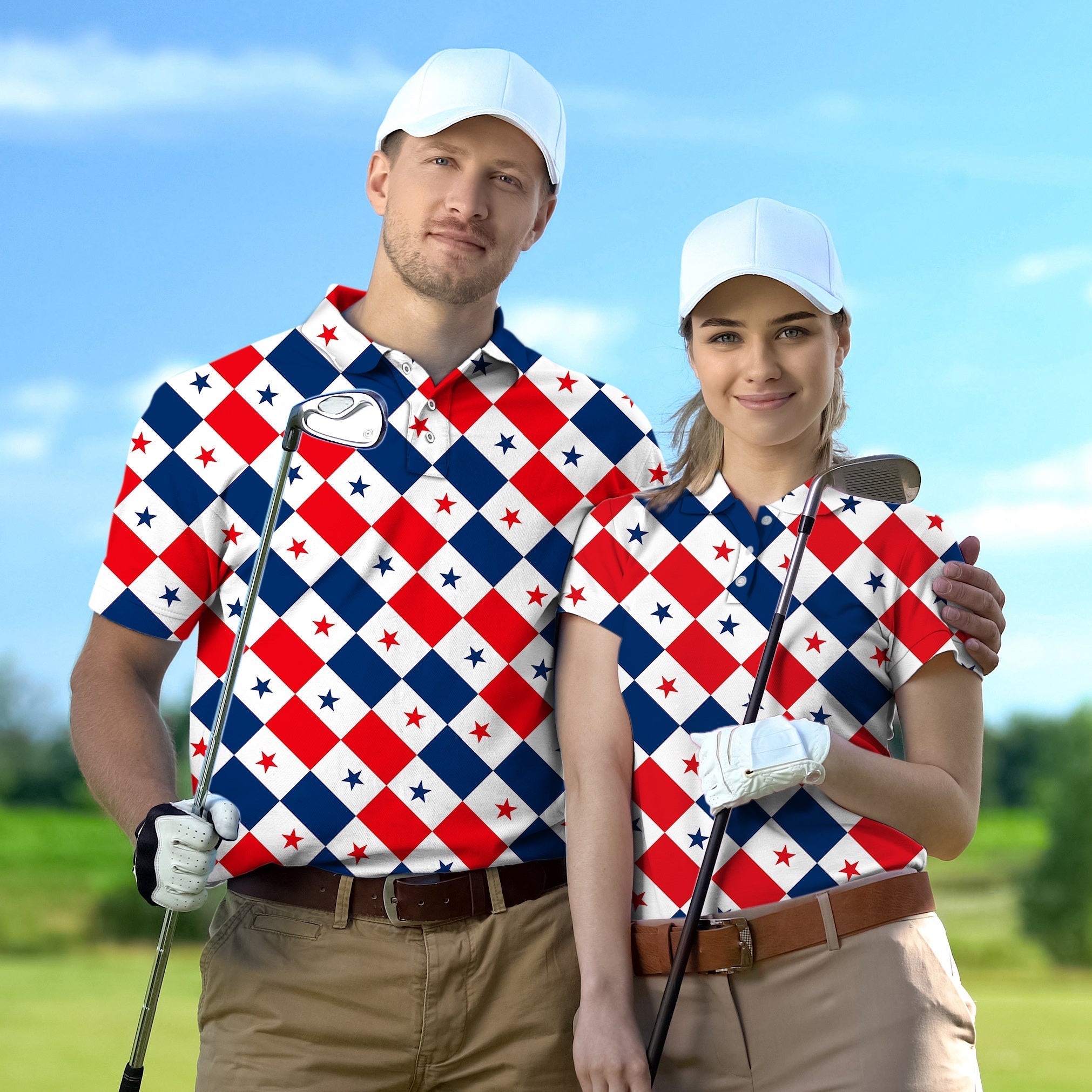 Couple Argyle US Star flag golf shirts with four-way stretch and UPF 40+ protection