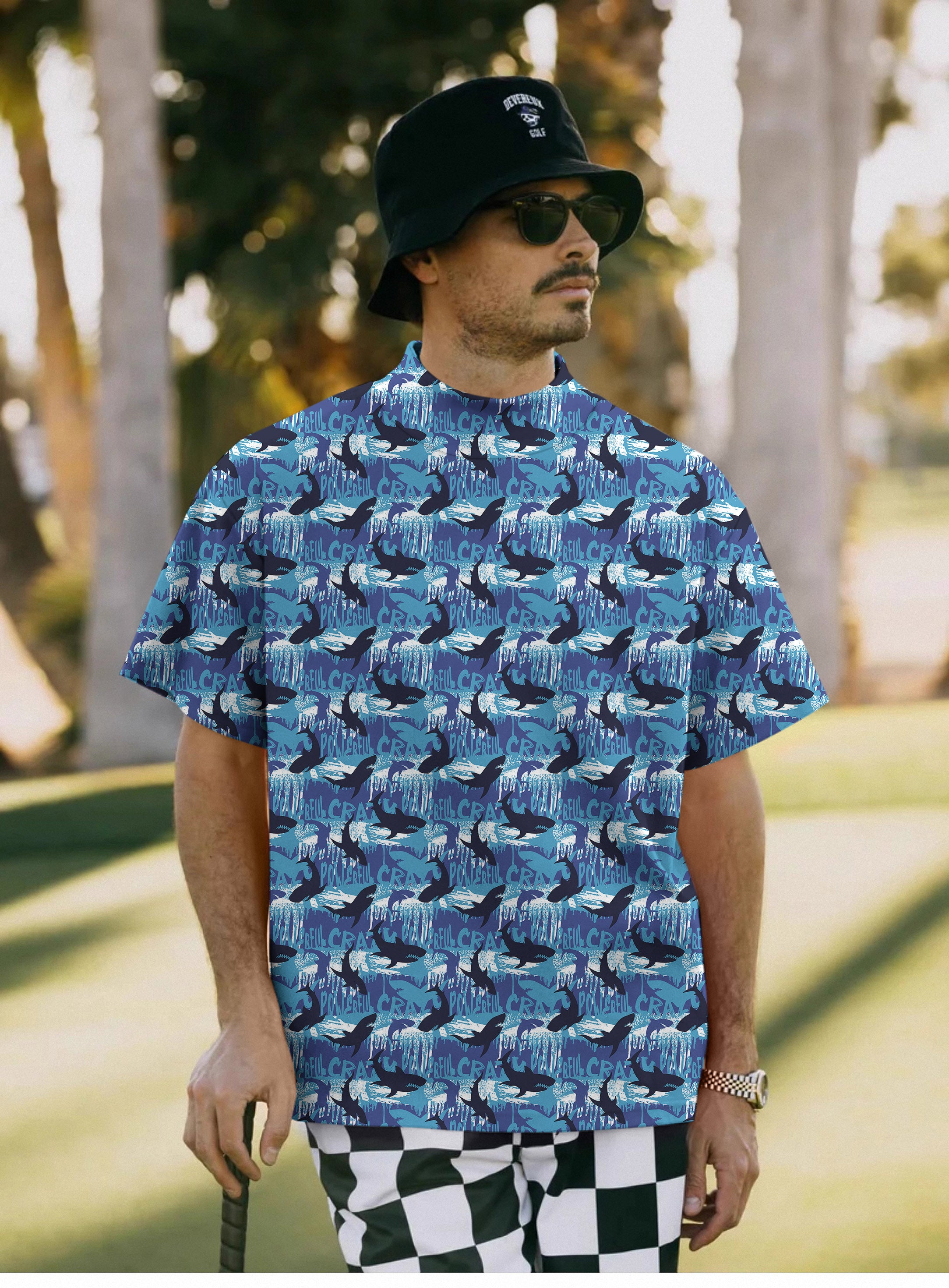 Men's blue shark Pullover High neck Long/Short sleeve T-Shirt