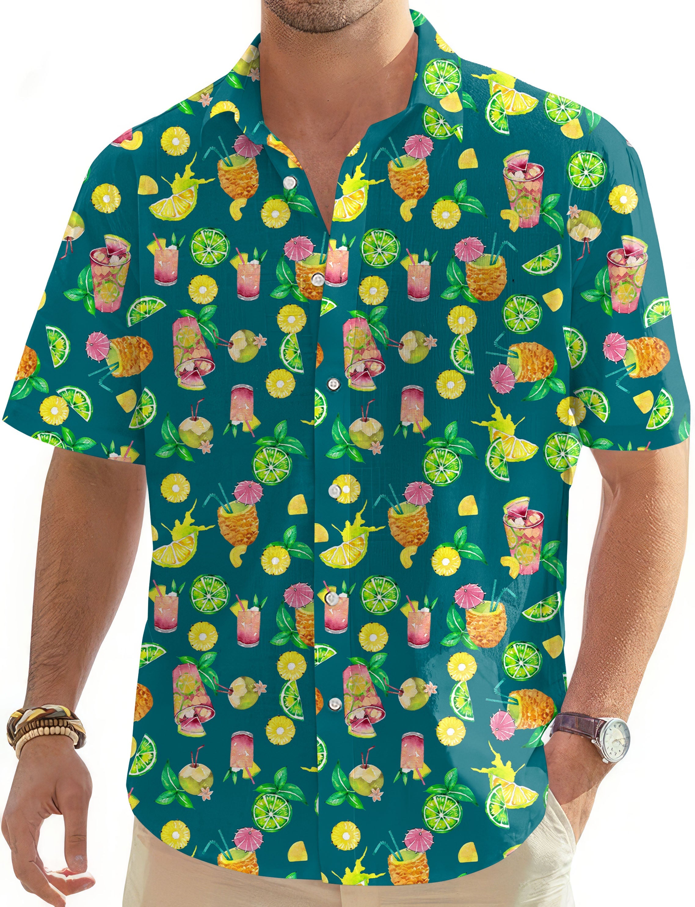 Men's Tropical Paradise Hawaiian button-down shirt with colorful tropical drink and fruit print