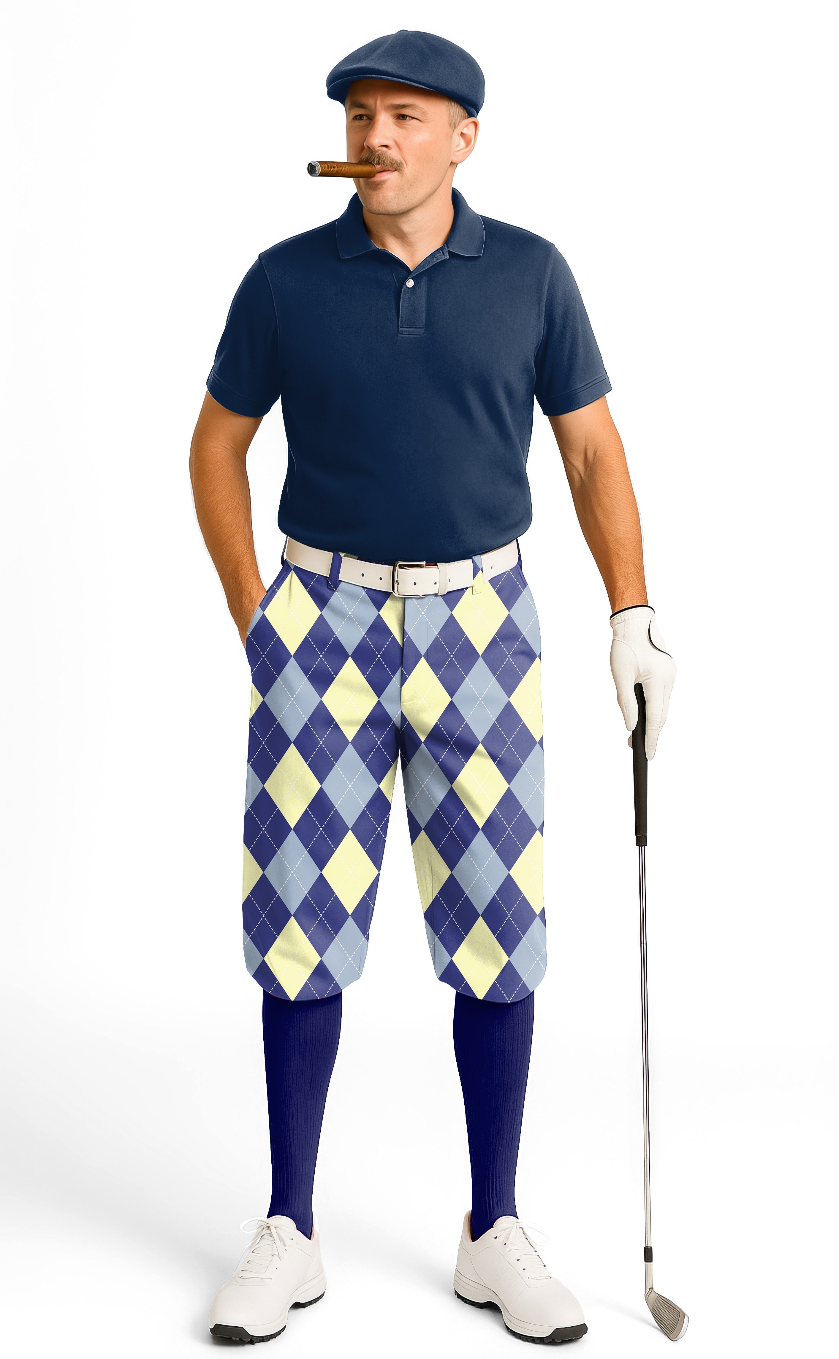 Man wearing blue Argyle men's golf knickers with ankle cuffs and golf attire on course