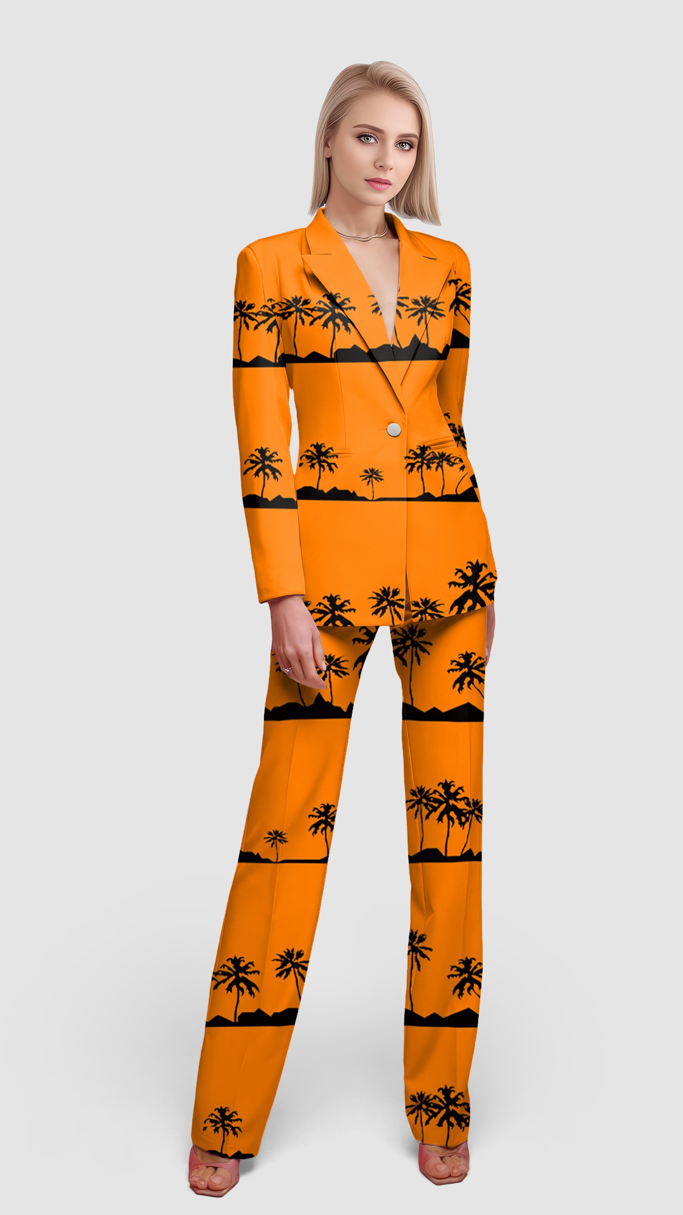 Orange women's blazer and pants suit set with black palm tree sunset pattern for casual and office wear
