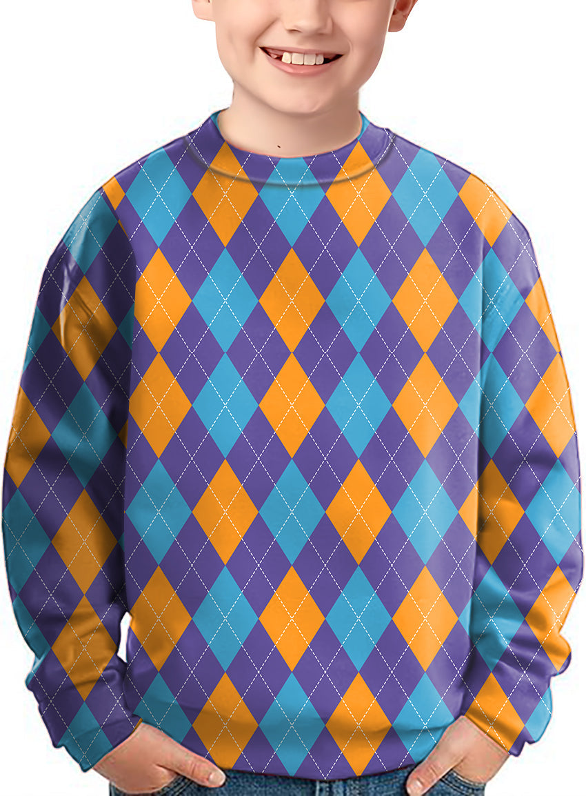 Kids argyle crewneck pullover sweater in purple, orange, and blue colors