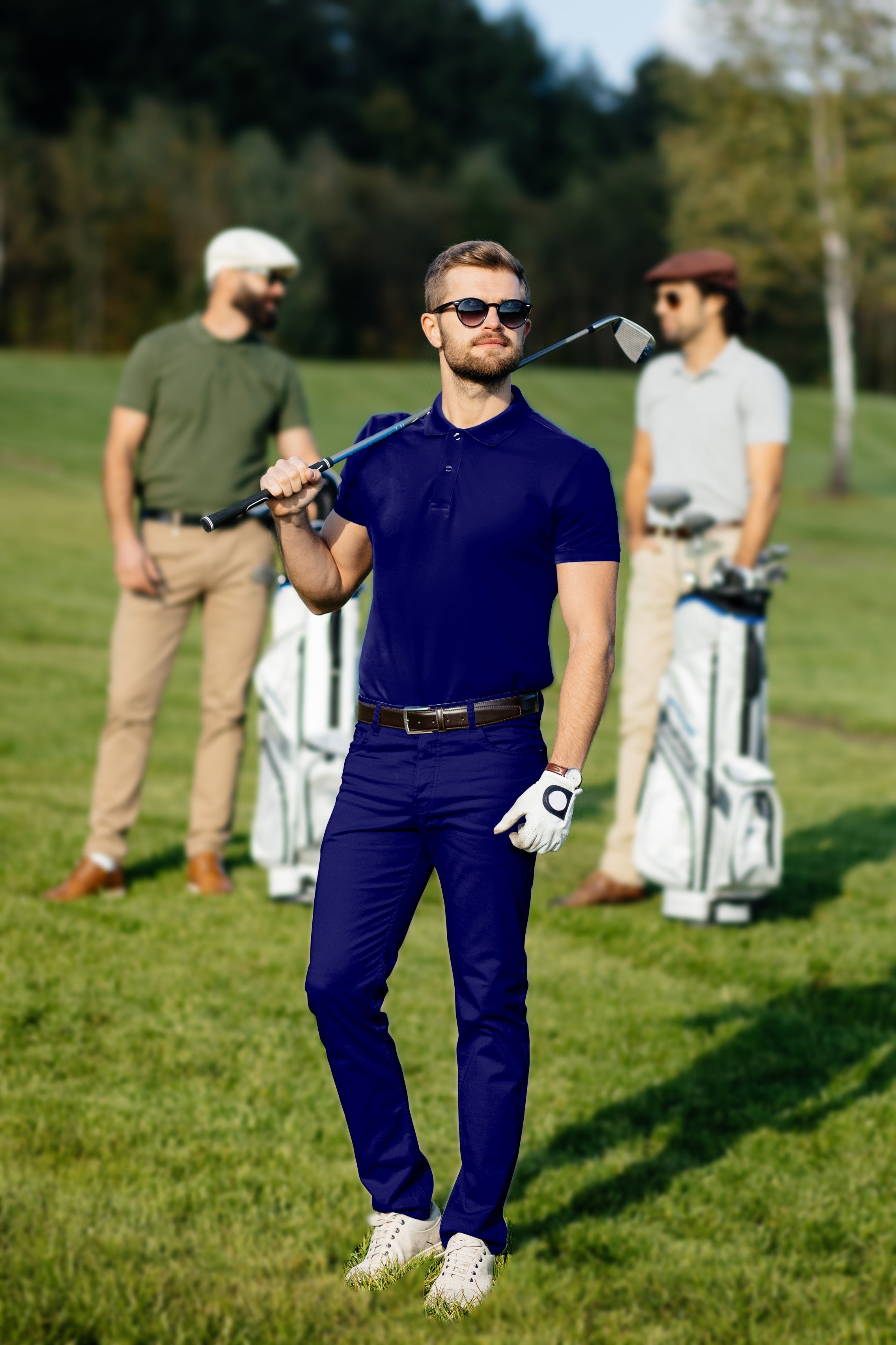 Men's Golf Set polo and pants in pure navy with stretch fabric and classic fit on golf course