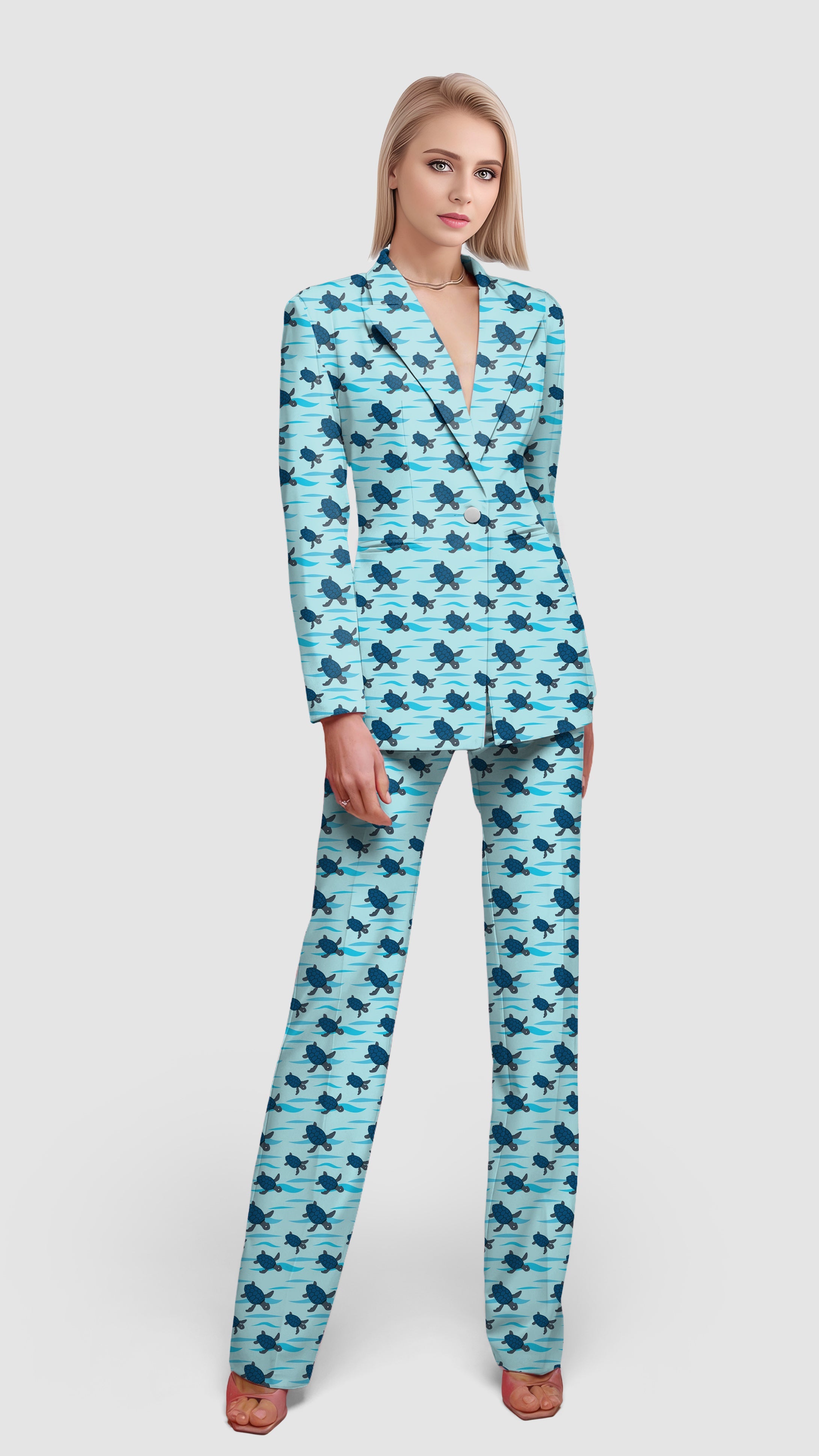 Turtle Time-Women's Blazer with turtle print, lapel collar, single button, and matching pants for casual work and office style