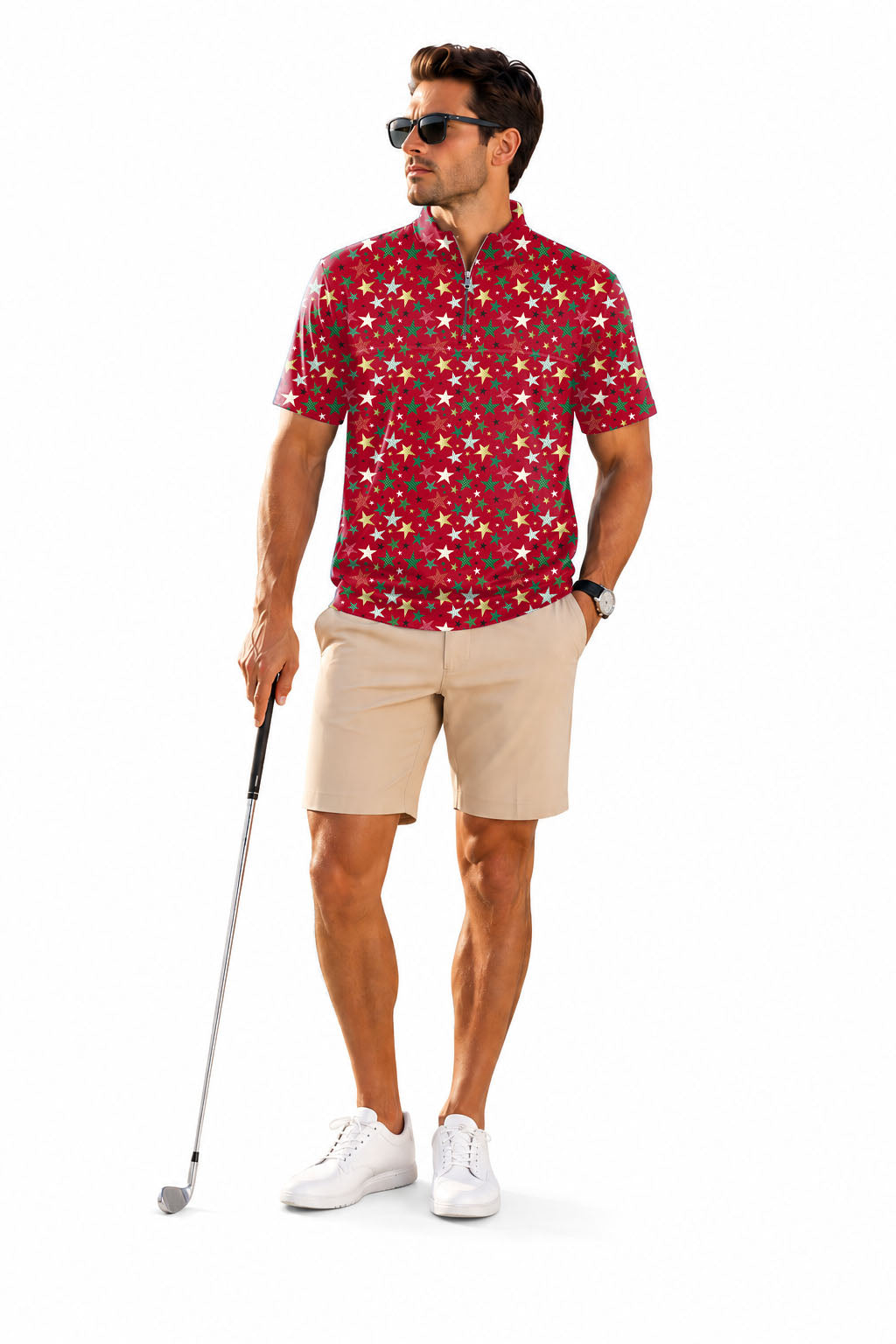 Men's Short Sleeve Quarter Zip Golf Pullover Colorful Stars Christmas Embroidery