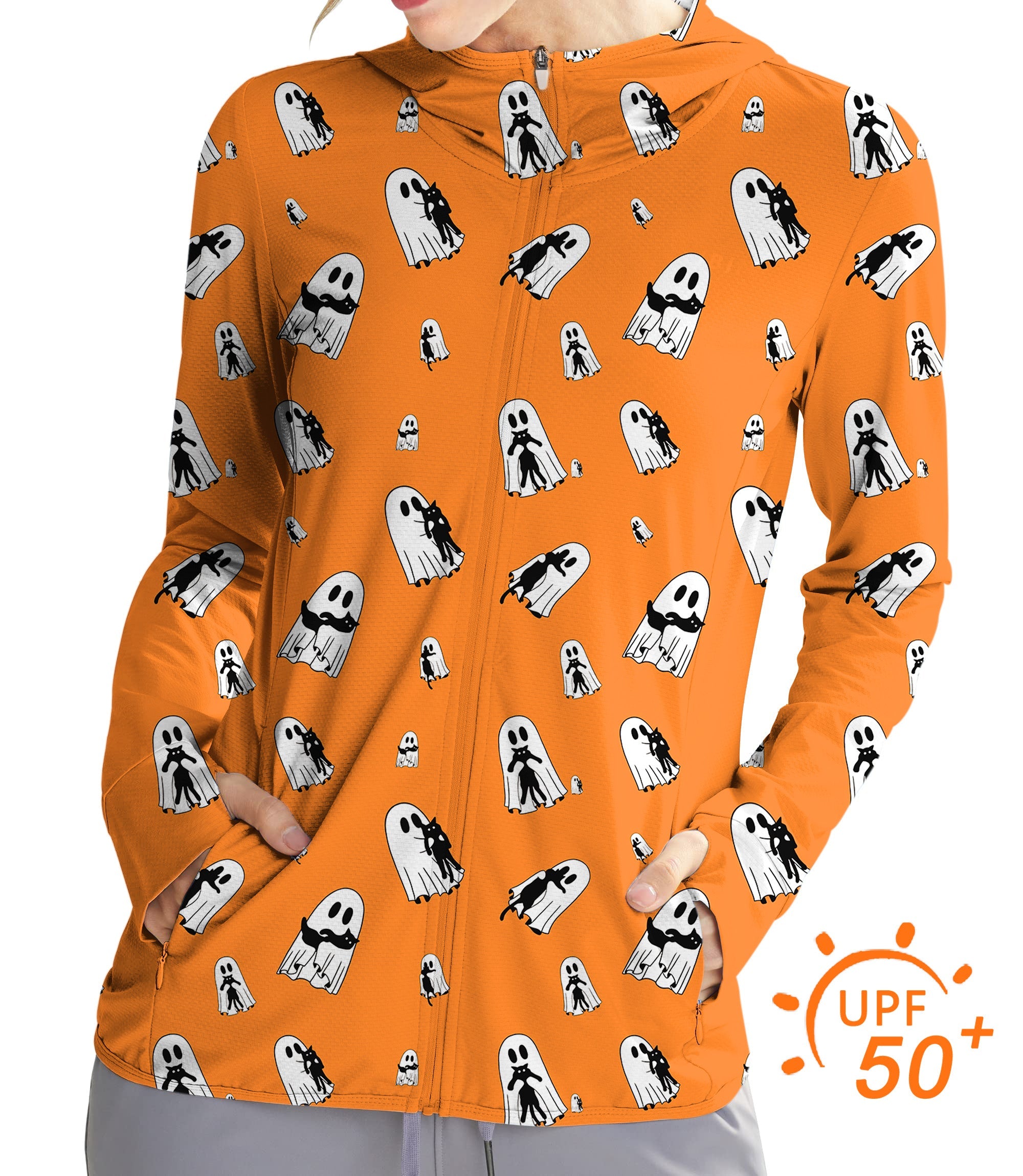 Women's outdoor Halloween ghost hug cat orange zip hoodie with UPF 50+ sun protection and slim fit design