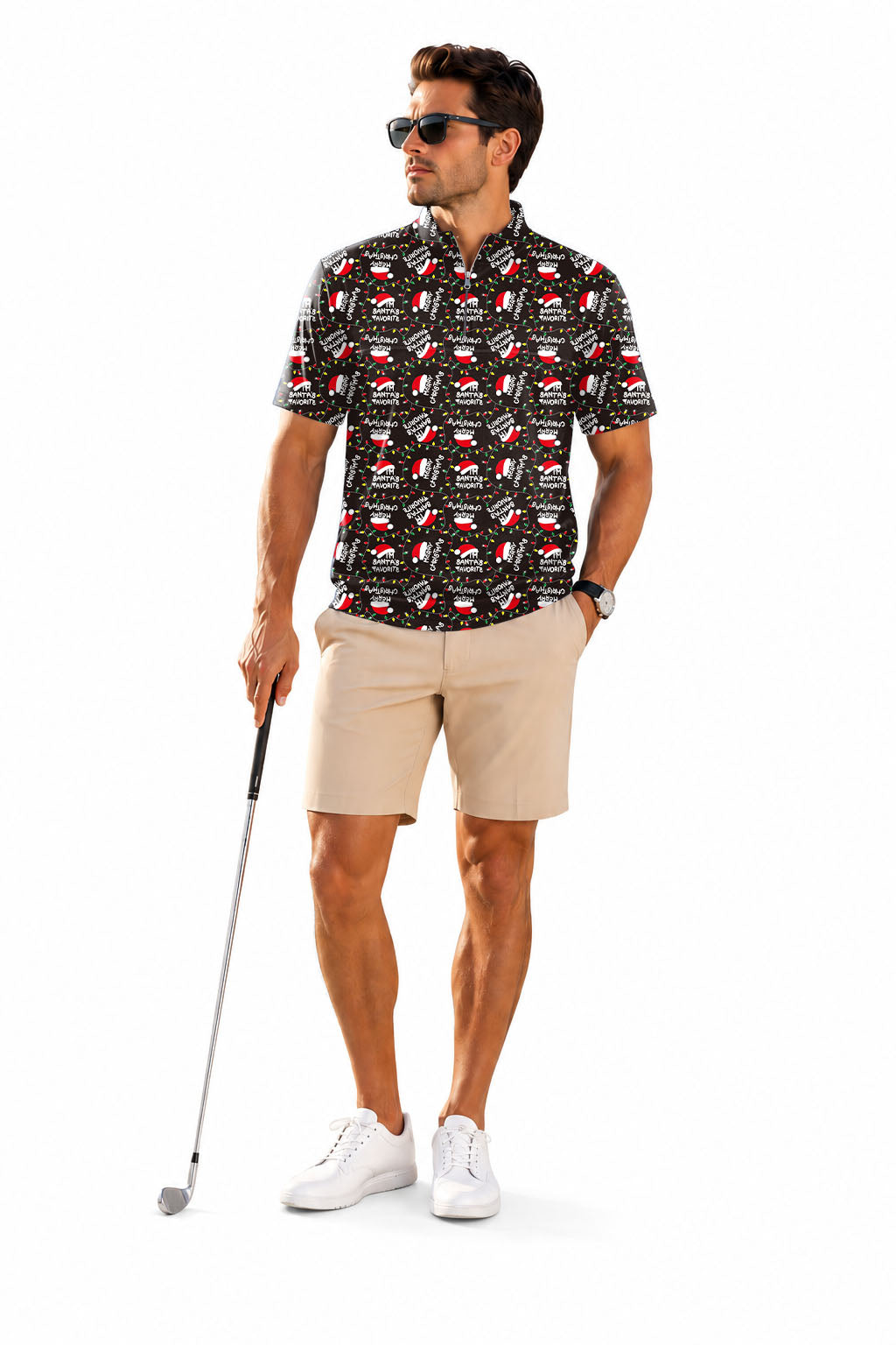 Men's Short Sleeve Quarter Zip Golf Pullover Christmas hat black Embroidery
