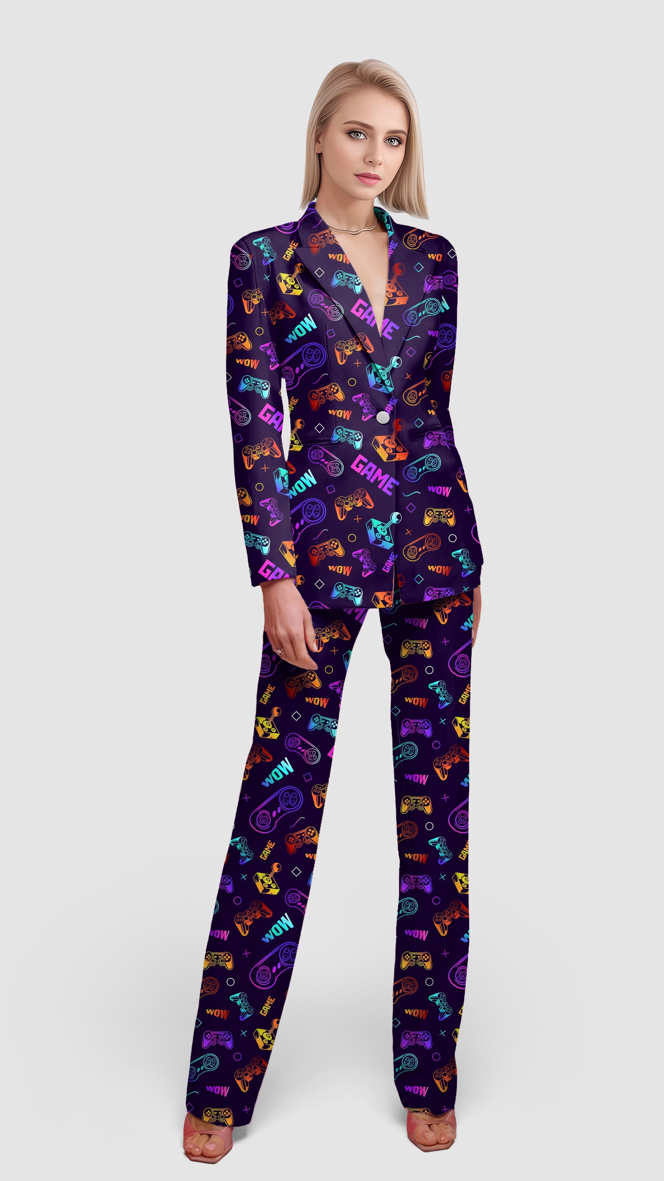 neon gamepad women's blazer suit set with colorful gaming icons pattern, slim fit casual office blazer and matching pants