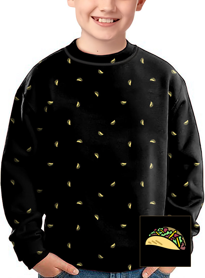 Kids black crewneck pullover sweatshirt with scattered taco prints and custom taco design options