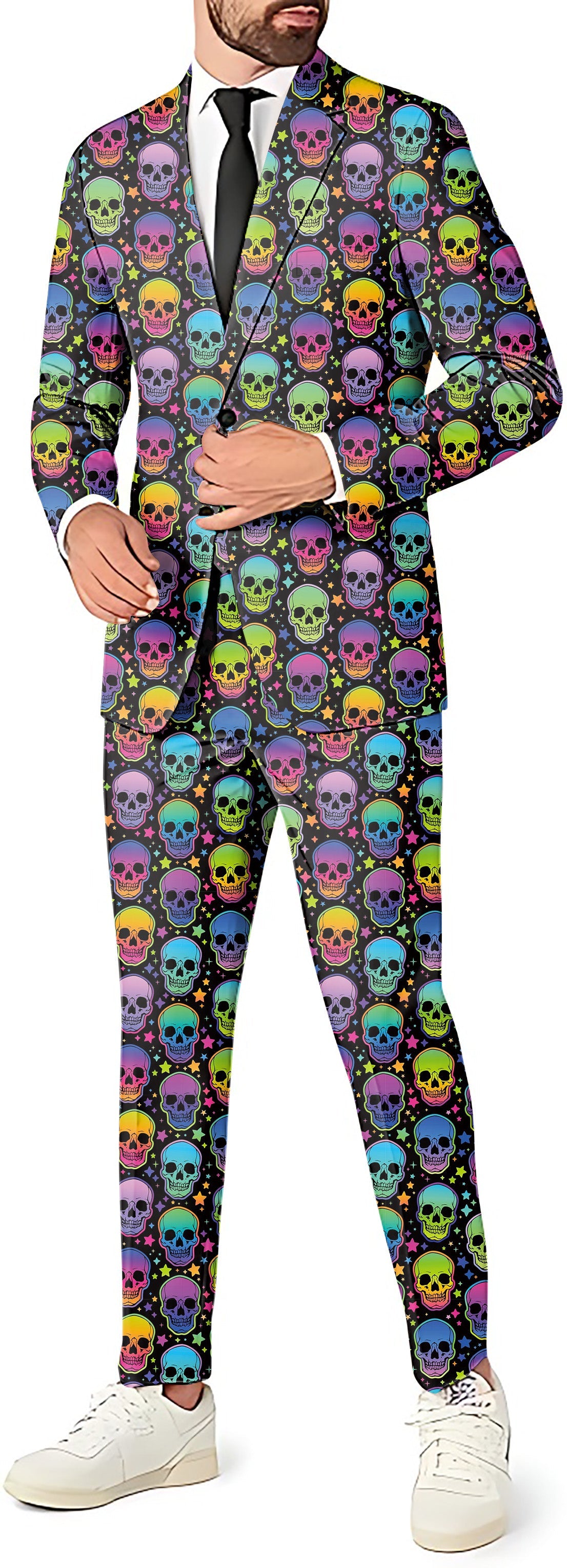 Men's neon skulls printed party suit set with blazer, pants, and vest