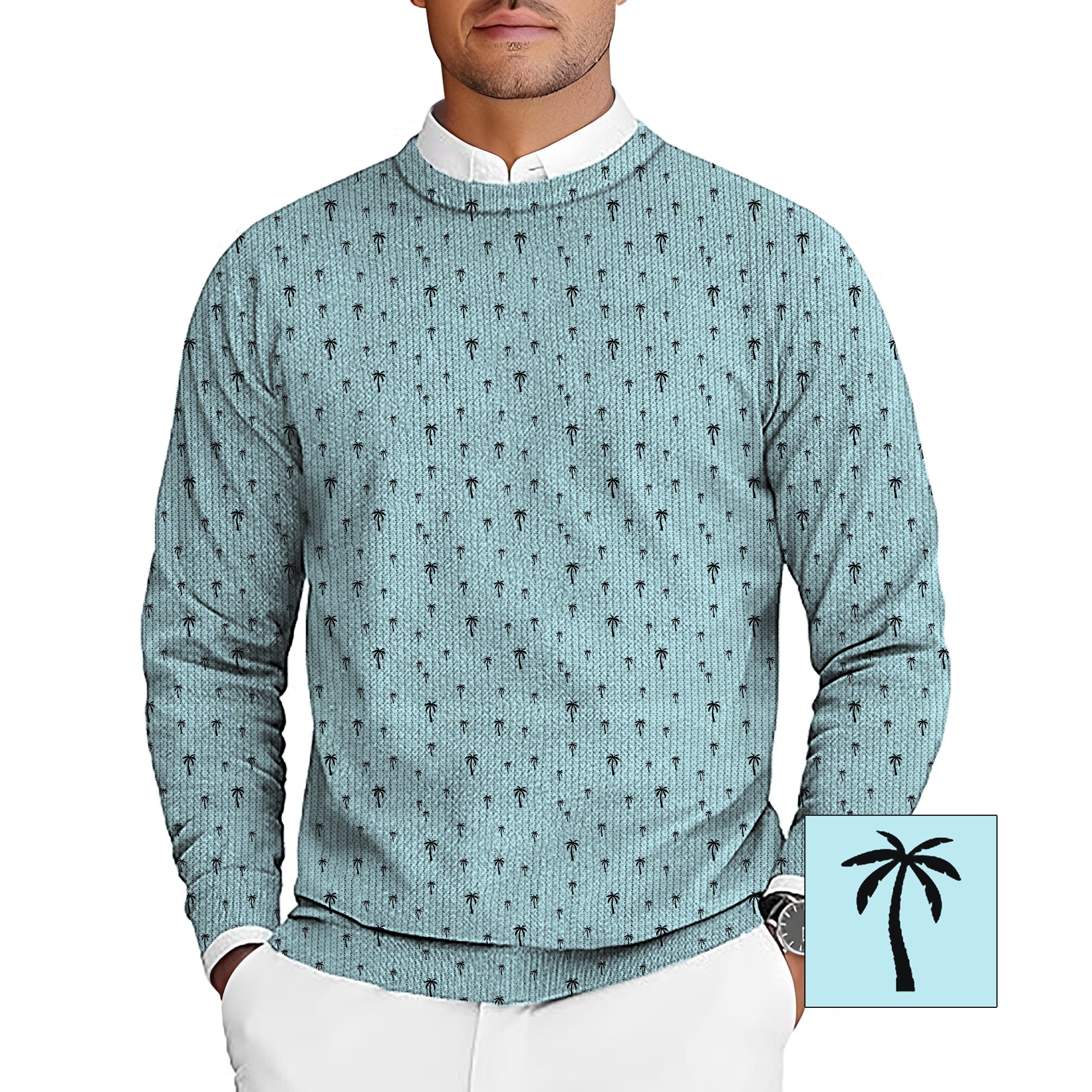 light blue men's golf crewneck pullover sweater with palm tree pattern