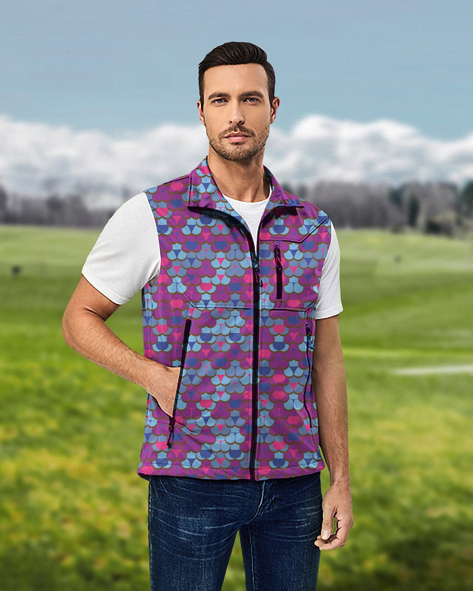 Men's colorful world Lightweight Softshell Vest Sleeveless Jacket for Golf Windproof Waterproof