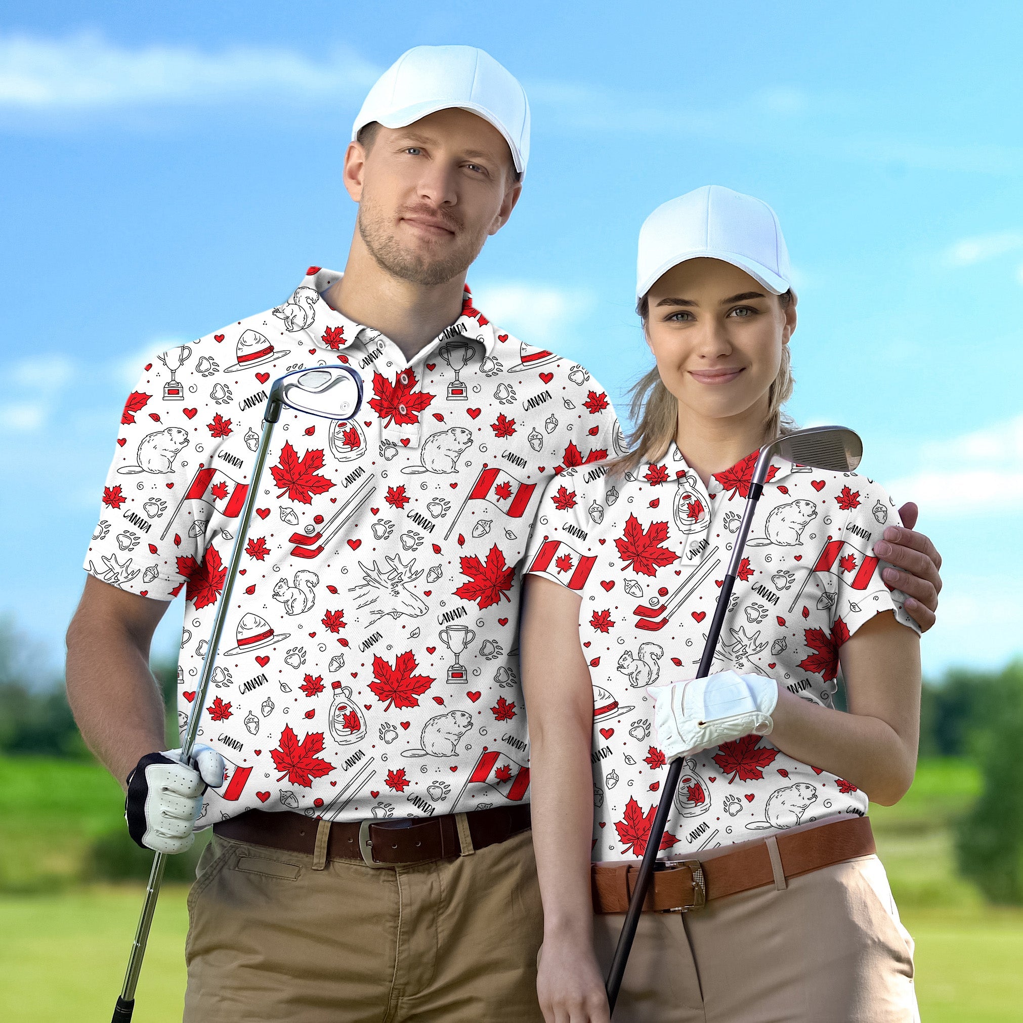 Couple Canadian Balloon themed golf shirts with maple leaves and squirrel designs worn by man and woman on golf course