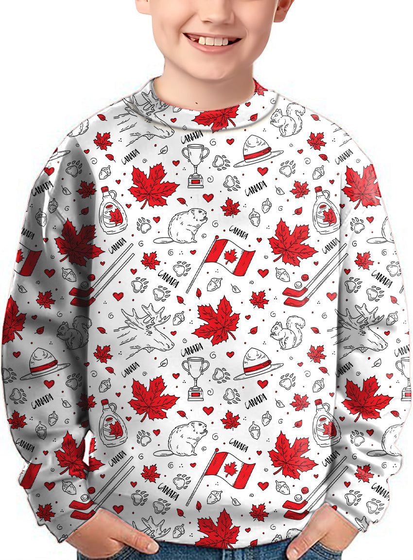 Kids crewneck pullover with Canadian balloon squirrel and maple leaves pattern