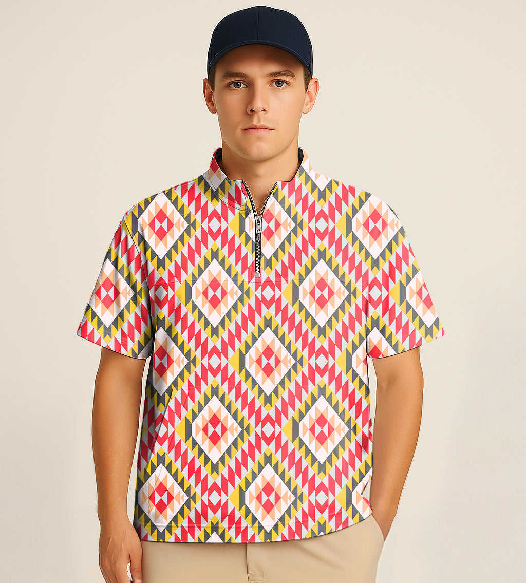 Man wearing colorful half zipper turtleneck golf short shirt with bold geometric embroidery