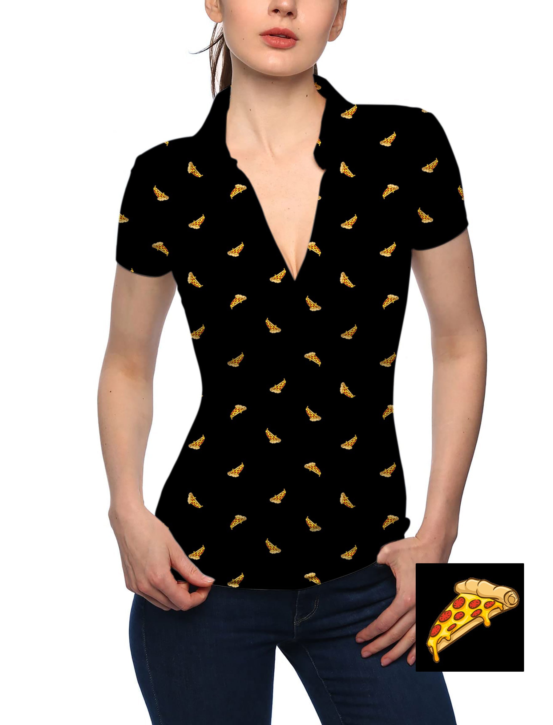 Women's black V-neck golf polo shirt with delicious white pizza print and short sleeves