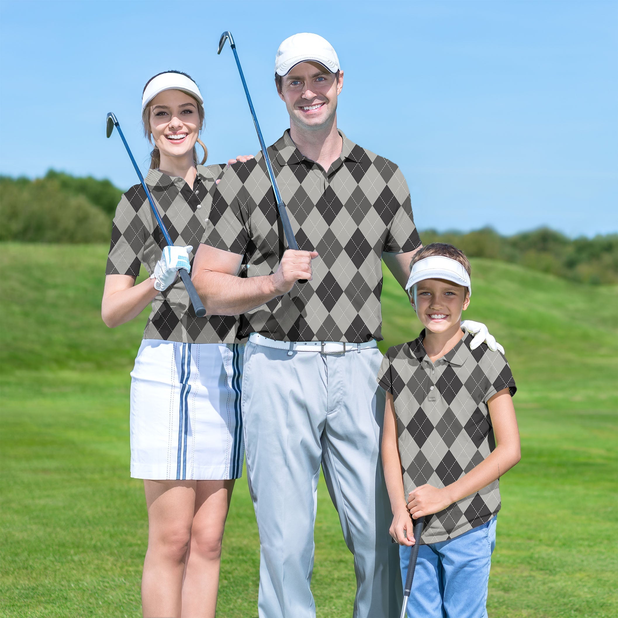 Family wearing grey Argyle set golf outfits on golf course tournament day