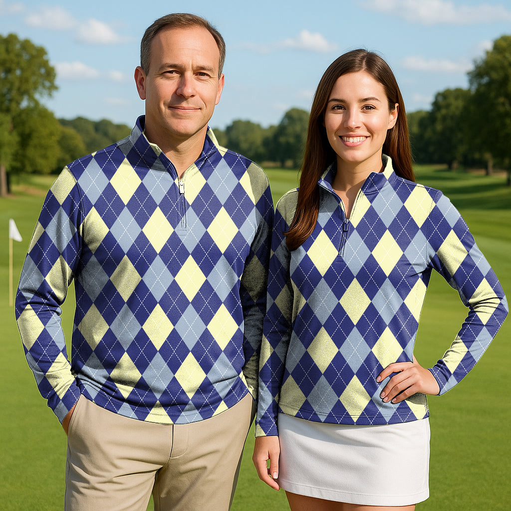 Blue Argyle couple golf active 3/4 zip long sleeve tops with mock collars on the golf course