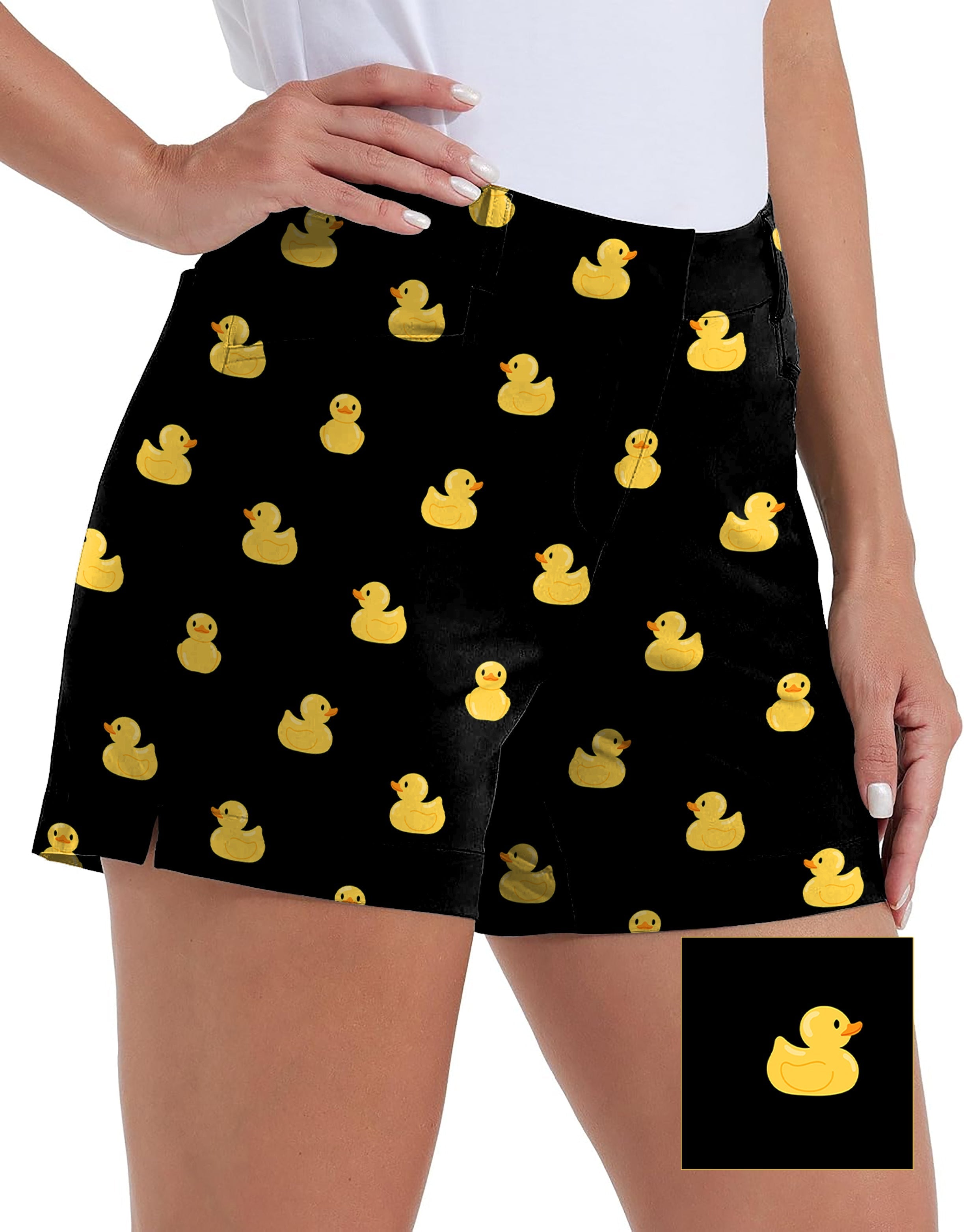 Women's quick-drying black shorts with yellow rubber duck print and pockets for outdoor casual wear