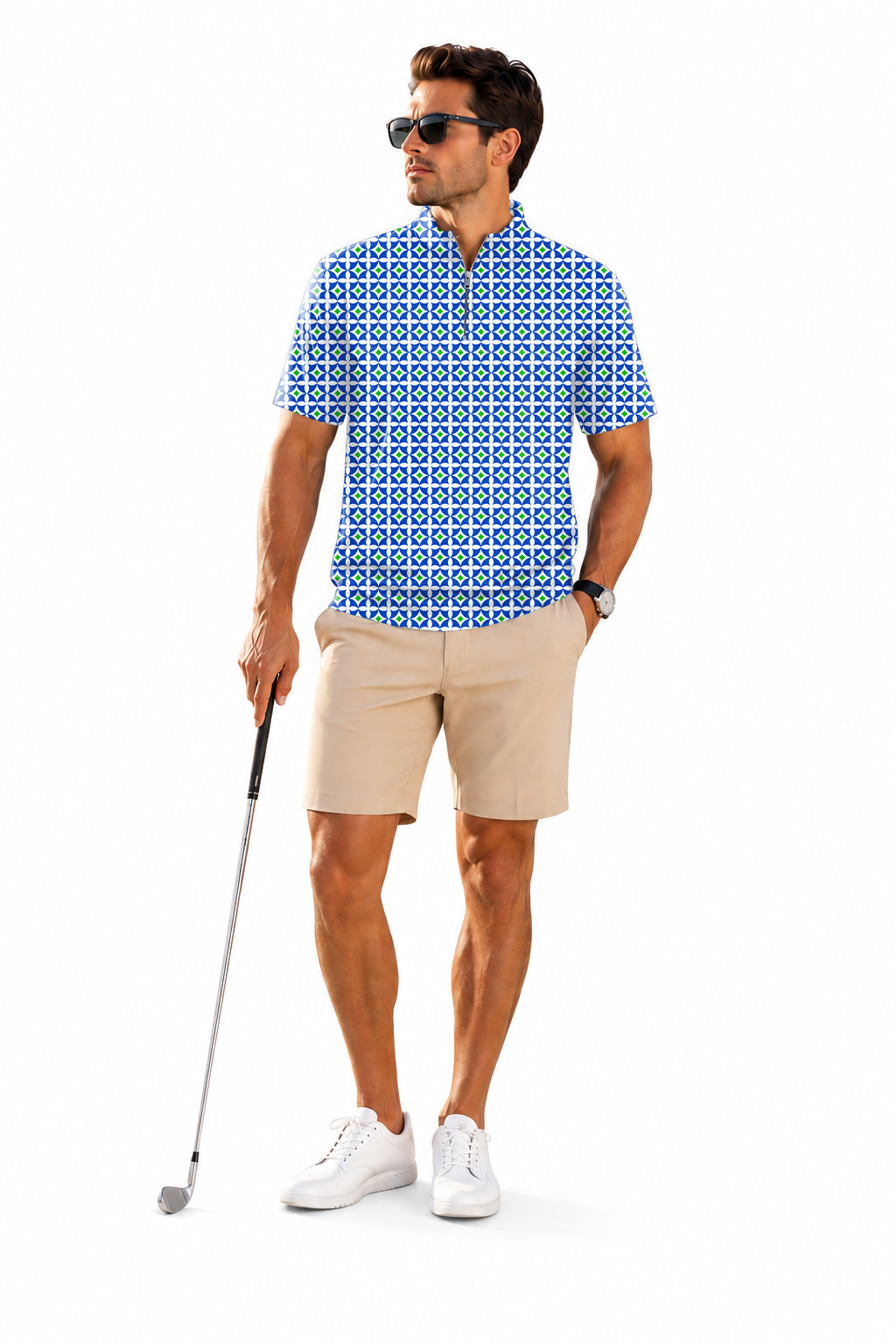 Men's Short Sleeve Quarter Zip Golf Pullover Blue-Green Diamond Embroidery