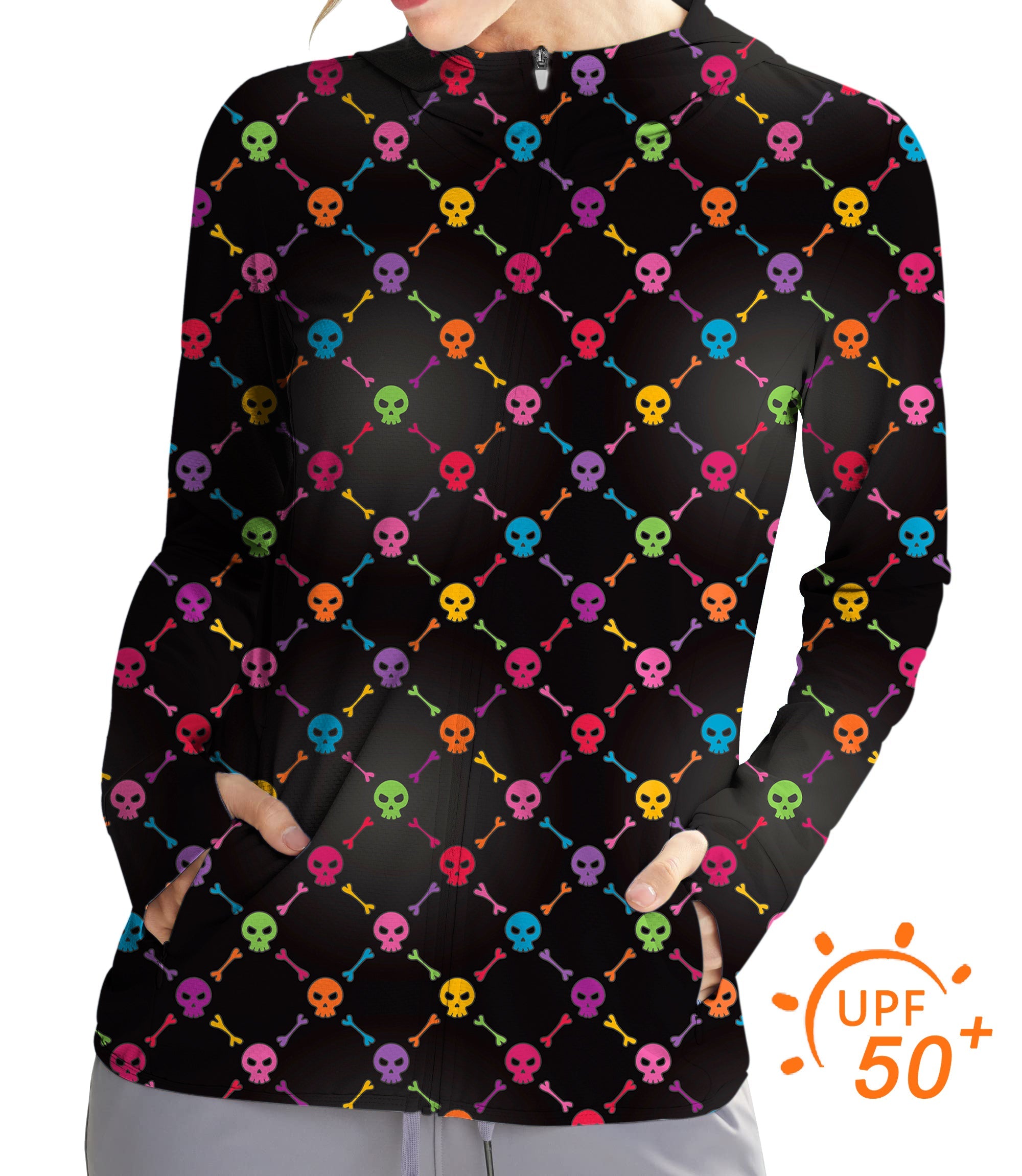 Women's outdoor Halloween colors skull bones golf sun protection slim fit zip hoodie with UPF 50+ fabric