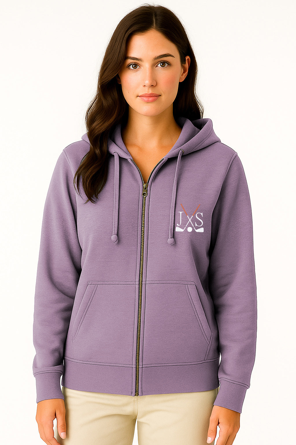 Embroidery solid color purple plus size women's zipper hoodie with golf club and initials embroidery