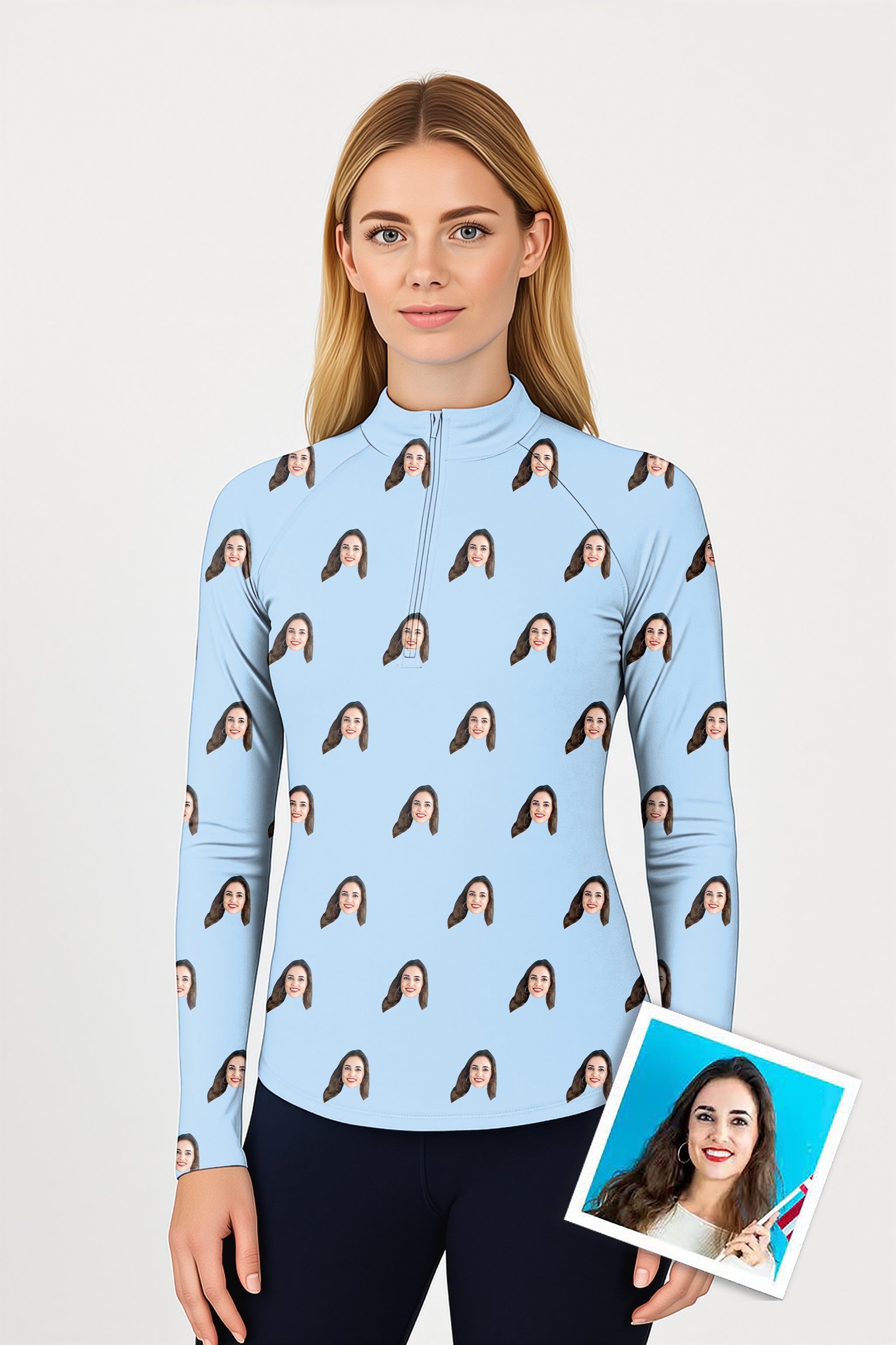 Custom Photo Funny Face women's golf active 3/4 zip top with long sleeves and light blue fabric