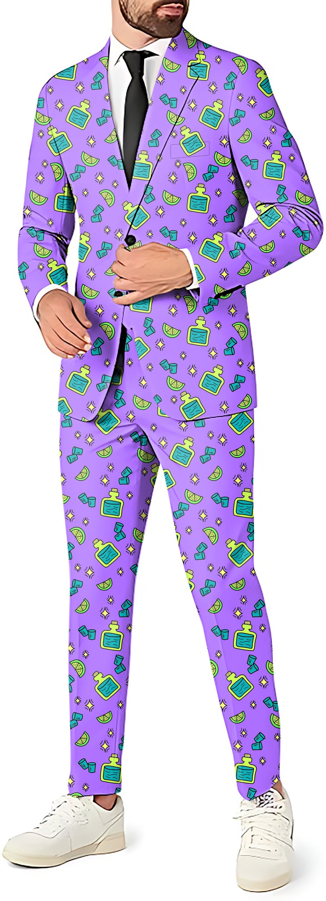 Shots Men's party costume suit set with blazer, pants, and vest in purple with drink-themed pattern