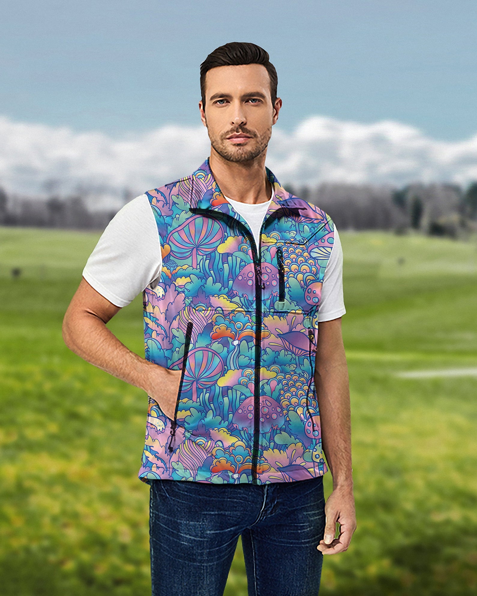 Men's magic mushroom Lightweight Softshell Vest Sleeveless Jacket for Golf Windproof Waterproof