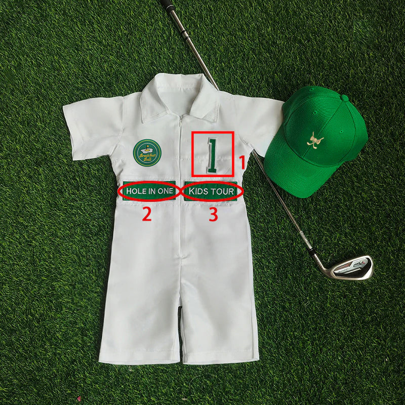 Custom Golf Shorts Suit for kids Golf White-Green Suit Children's Jumpsuit Baby Golf Birthday Uniform With Hat
