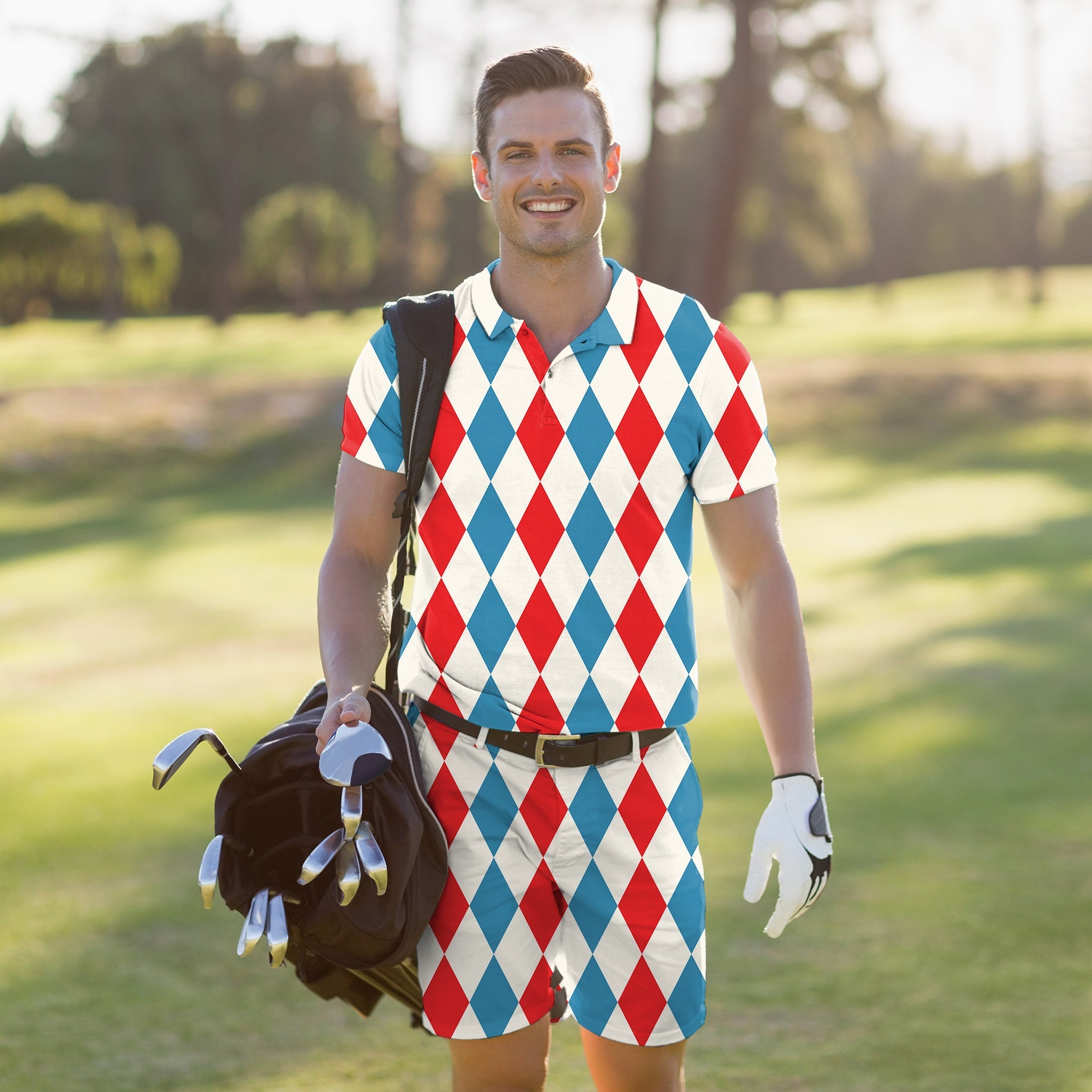 Men's golf set with geometric checkerboard argyle pattern polo and shorts for comfortable, stylish play