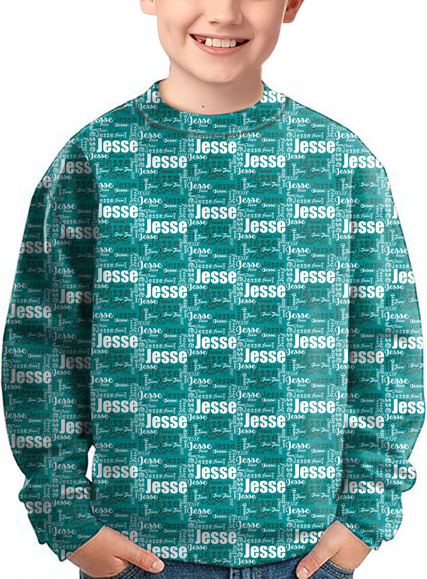 Custom name teal Crewneck Pullover Kids Ugly Sweater