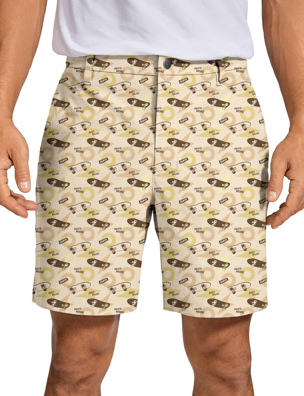 Men's khaki golf shorts with skateboard print, lightweight, breathable, and quick-dry performance fabric