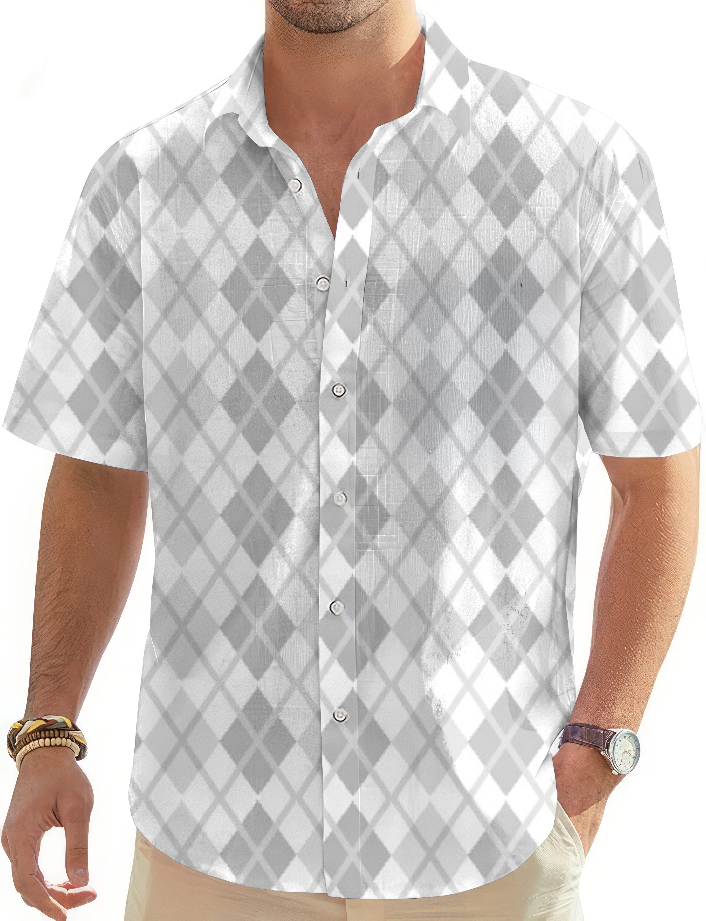 Argyle grey grid-Men's Golf Hawaiian Shirts Button Down Shirt