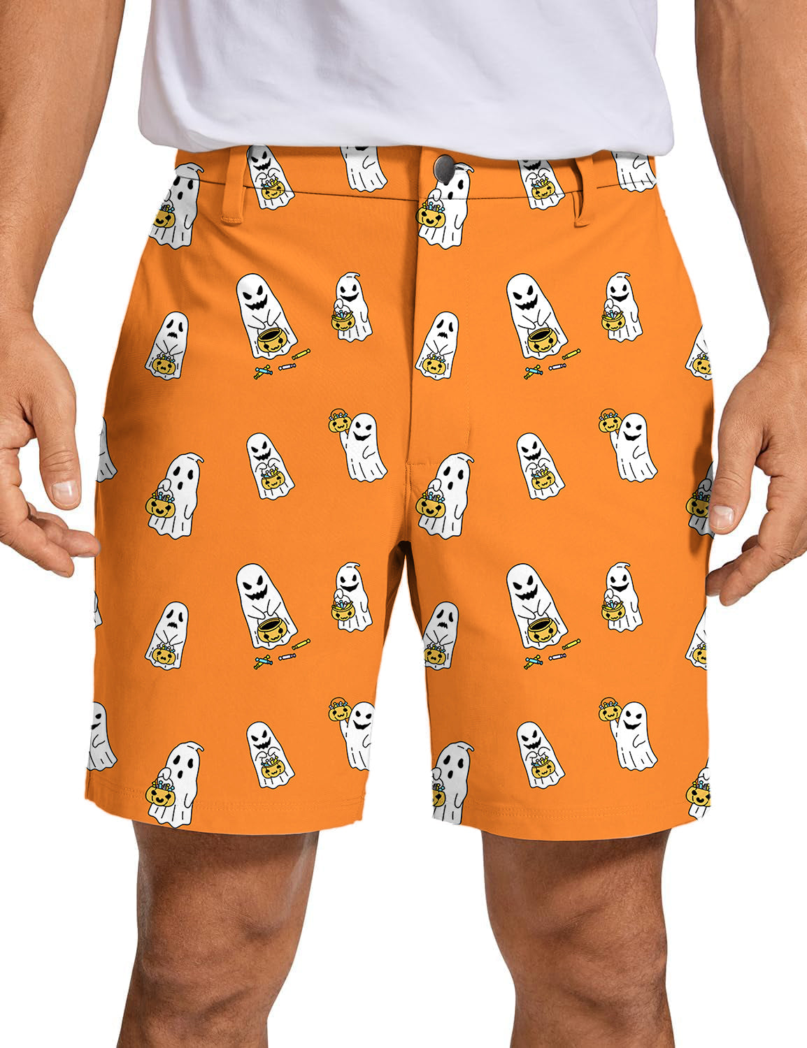 Men's Halloween ghost and pumpkin basket printed orange golf shorts