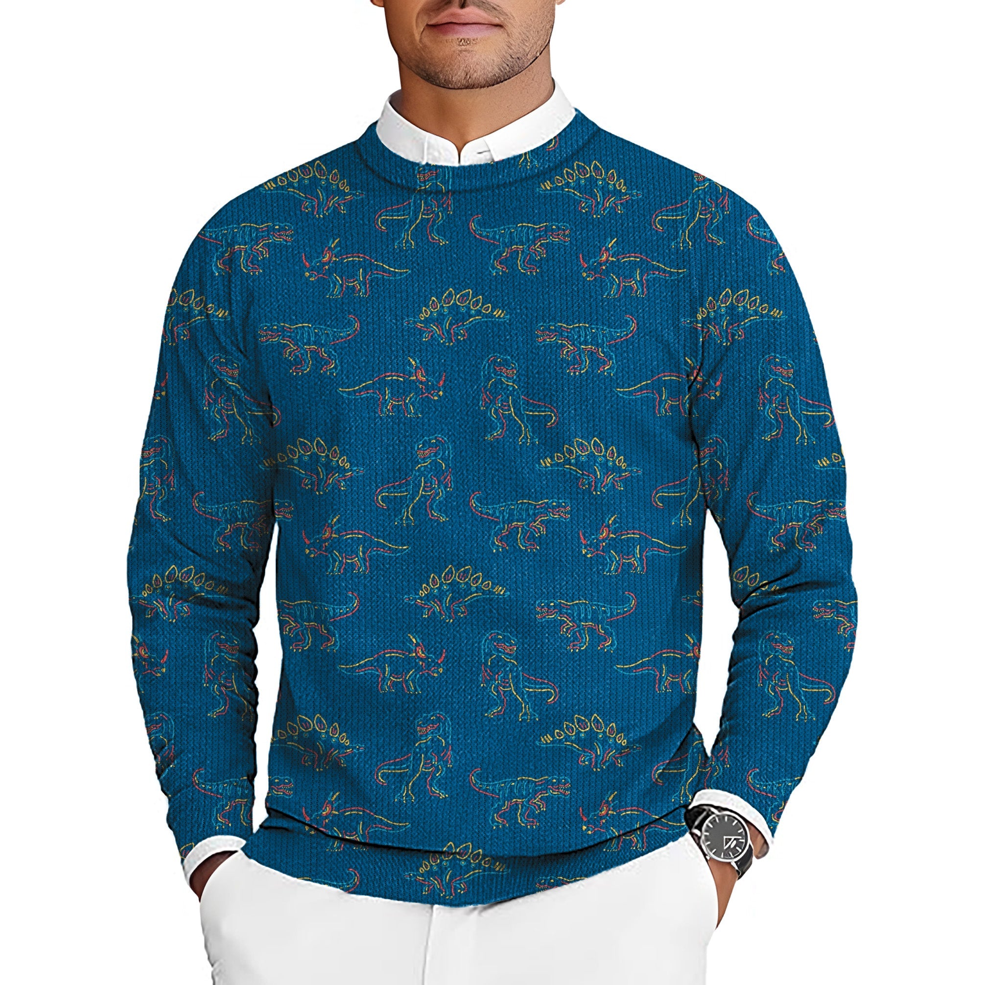 Men's blue prehistoric dinosaur golf crewneck pullover sweater with long sleeves and elastic ribbed ends, lightweight and stretchy.