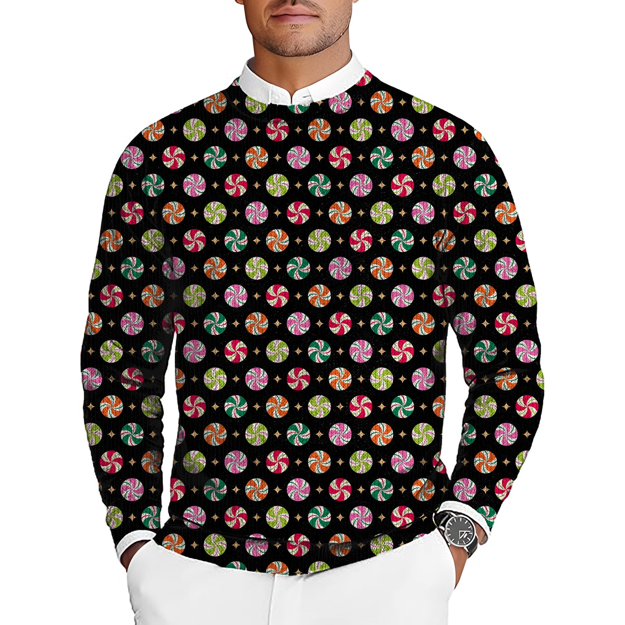 Christmas Candy Men's Golf crewneck pullover sweater with colorful peppermint candy pattern on black background