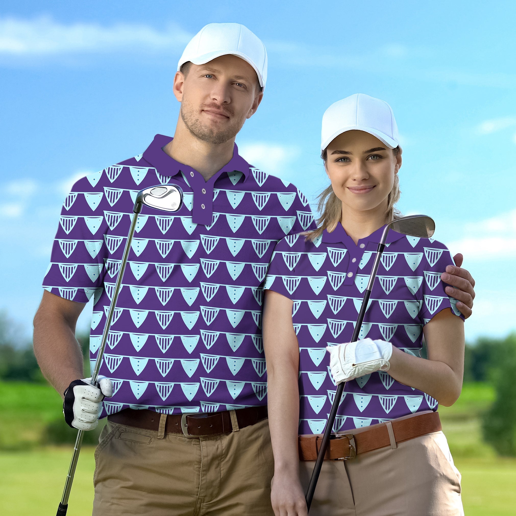 Couple wearing Blue Flag Limited Edition golf shirts holding clubs on golf course