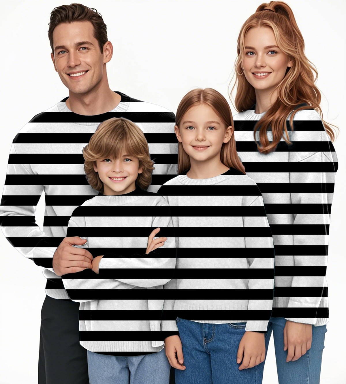 Black and white horizontal stripes Crewneck Pullover Ugly Sweater Men Women boy girl family