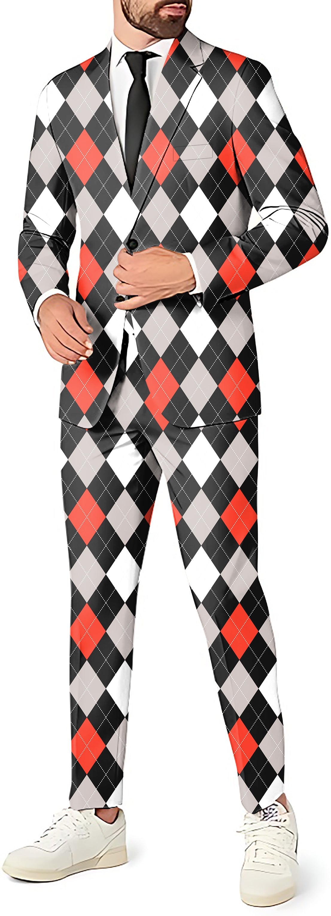 Men's party costume argyle red black blazer pants and vest suit set