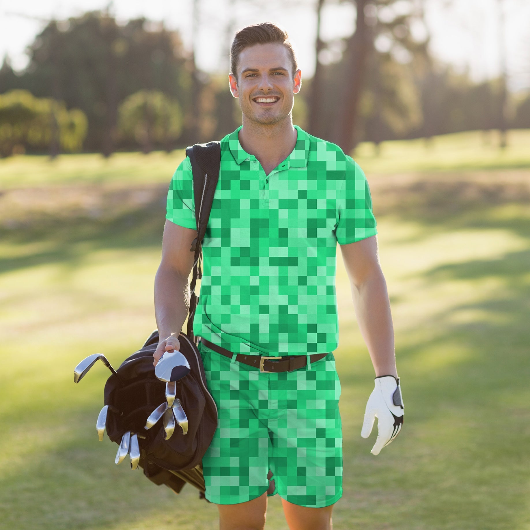 Men's golf set with green pixel polo and shorts, moisture-wicking, stretchy, wrinkle-resistant, UPF 40+ protection, classic fit