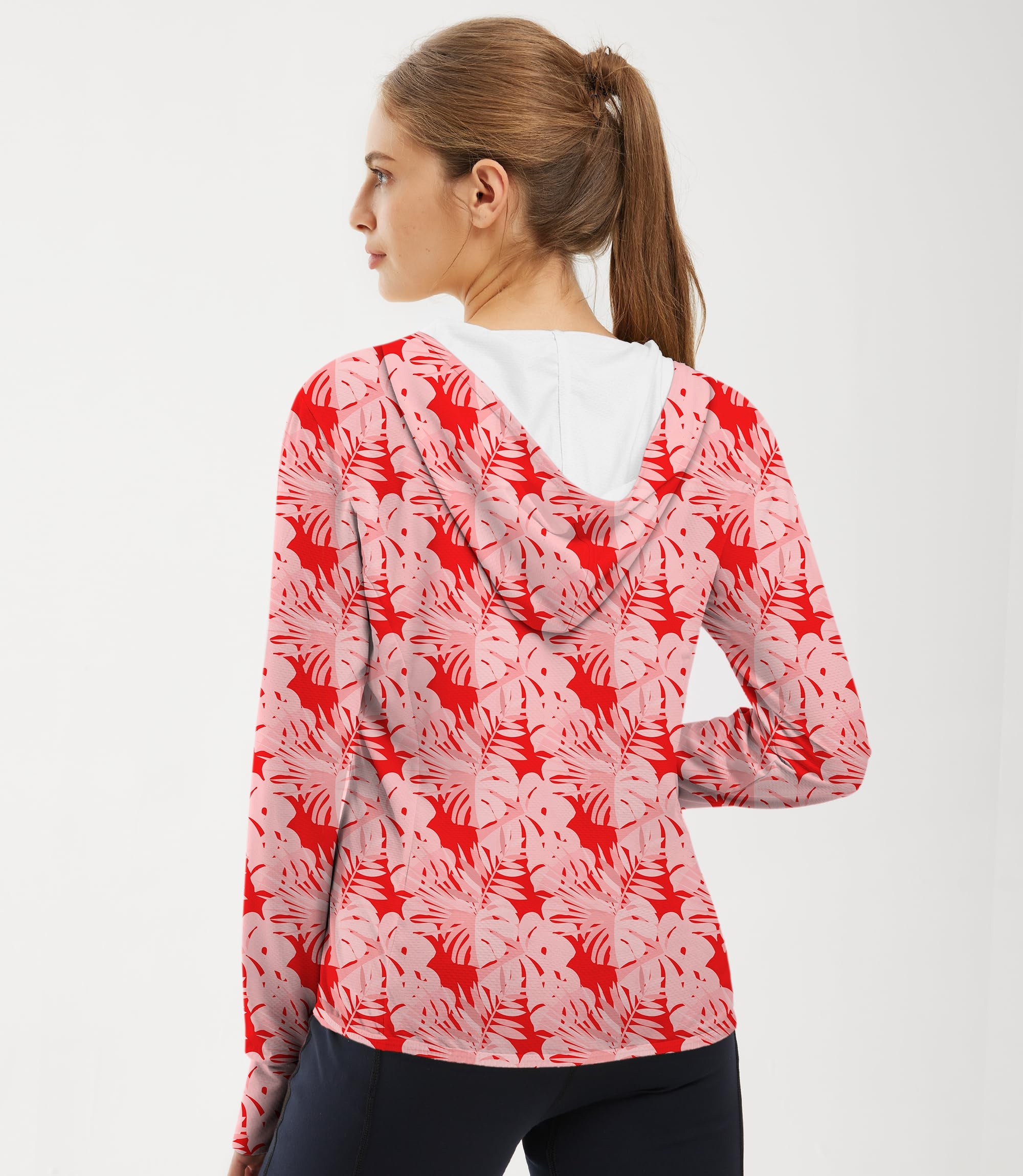 Women's outdoor slim fit zip hoodie with red tropical leaves print for sun protection and active wear