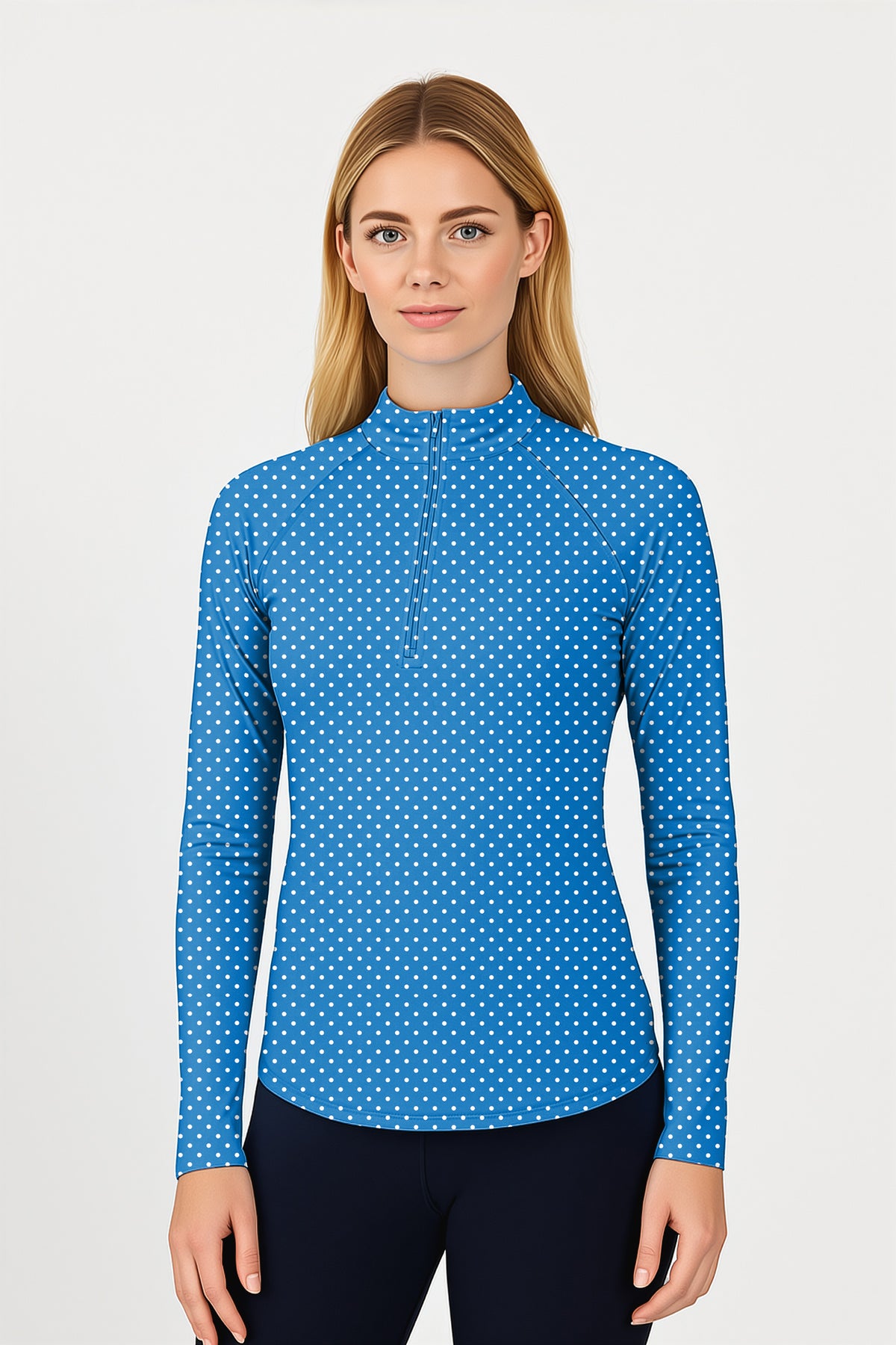 Sky blue with white polka dots Women's Golf Active 3/4 Zipper Top Long Sleeves