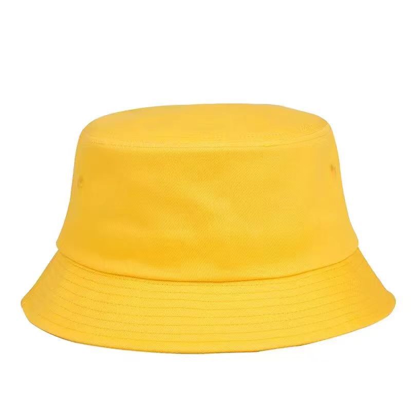 Yellow khaki bucket hat with customizable embroidered name, durable cotton material, and adjustable fit.