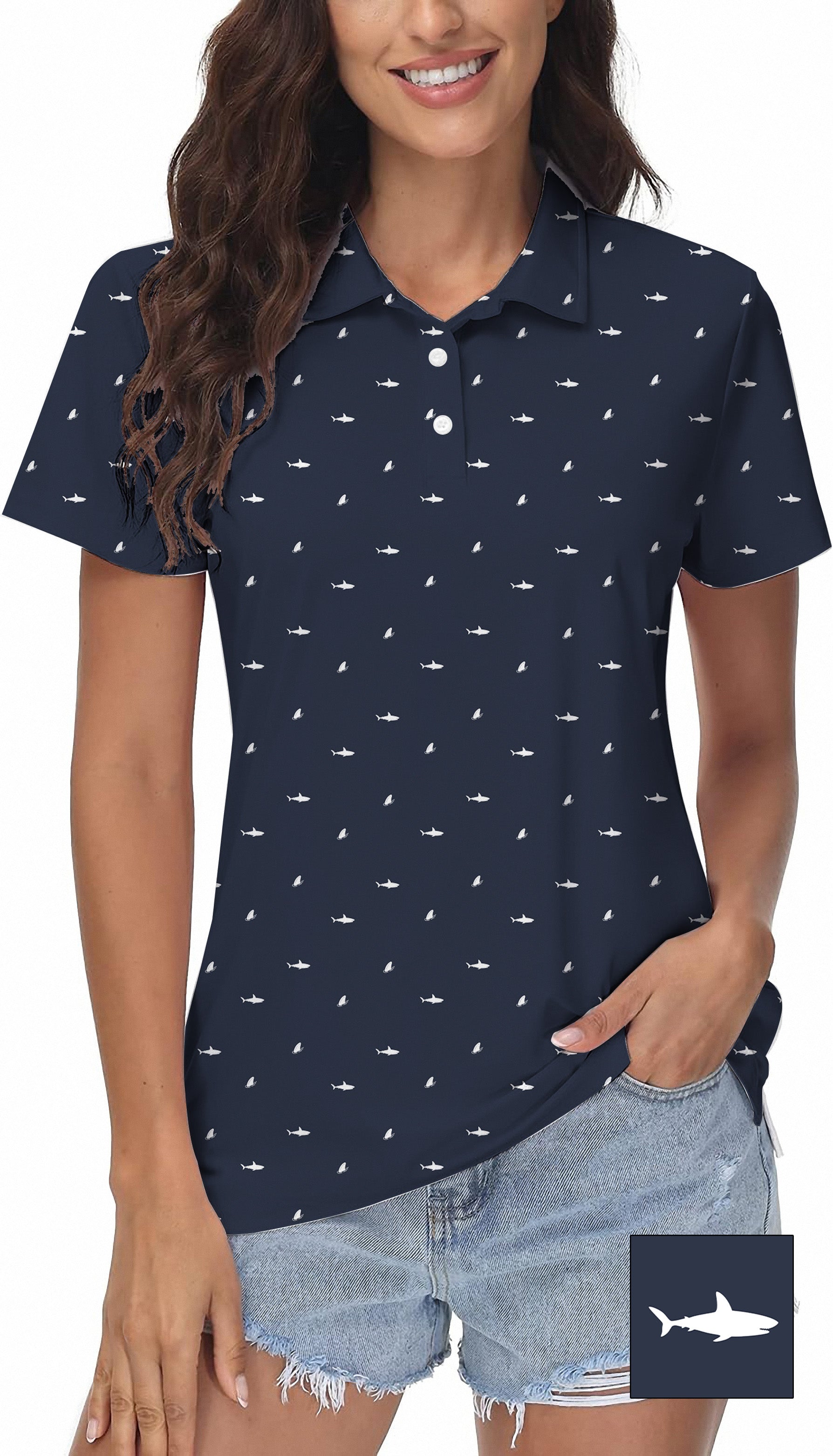White Shark and Fin Custom The Background Color Women's Golf Polo