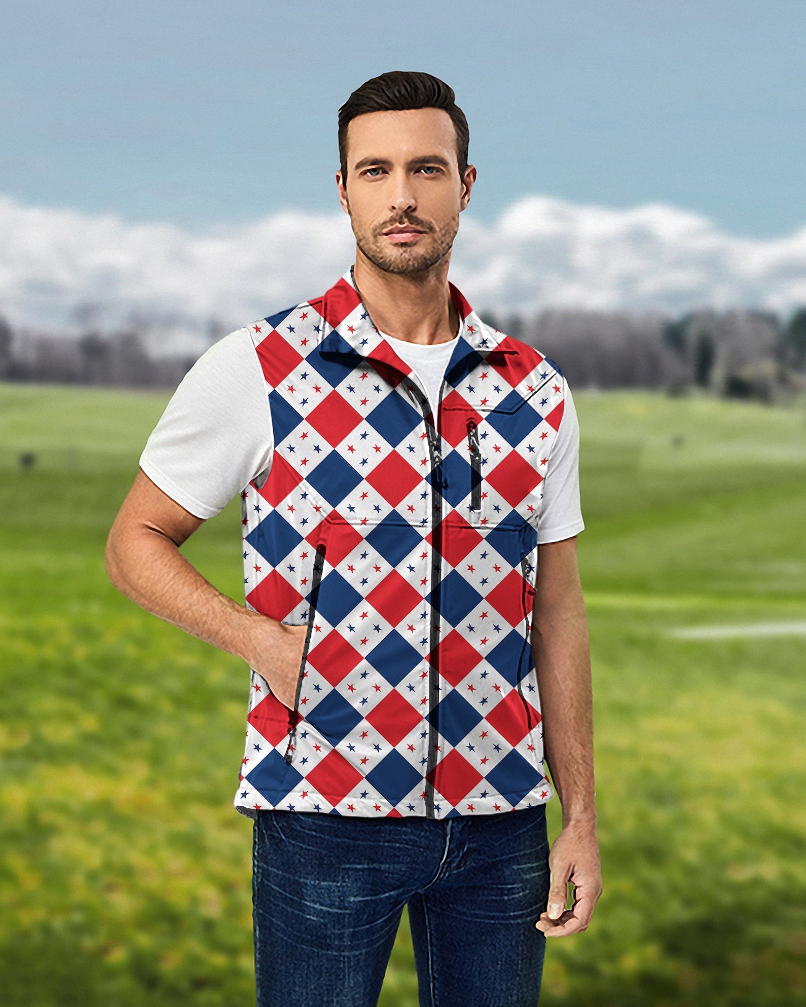 Men's Argyle US Star flag sleeveless softshell vest for golf, windproof and waterproof with red, white, and blue pattern