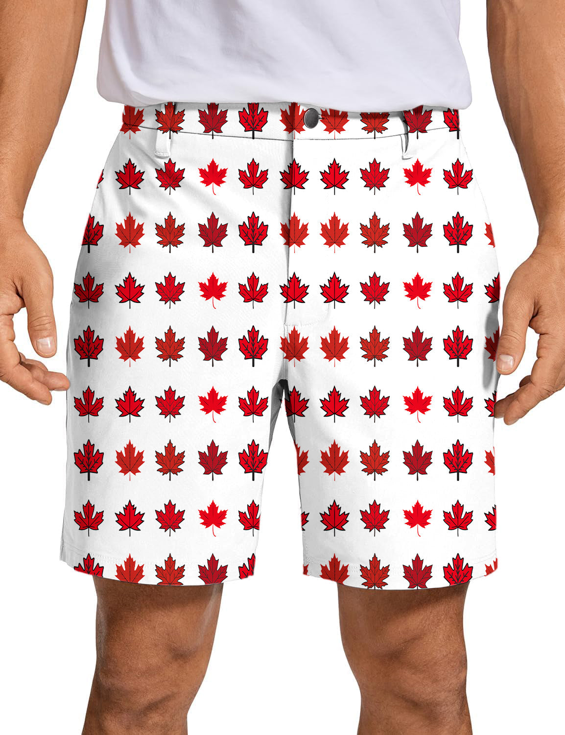 Men's golf shorts with red maple leaf pattern on white background, lightweight and quick-dry fabric