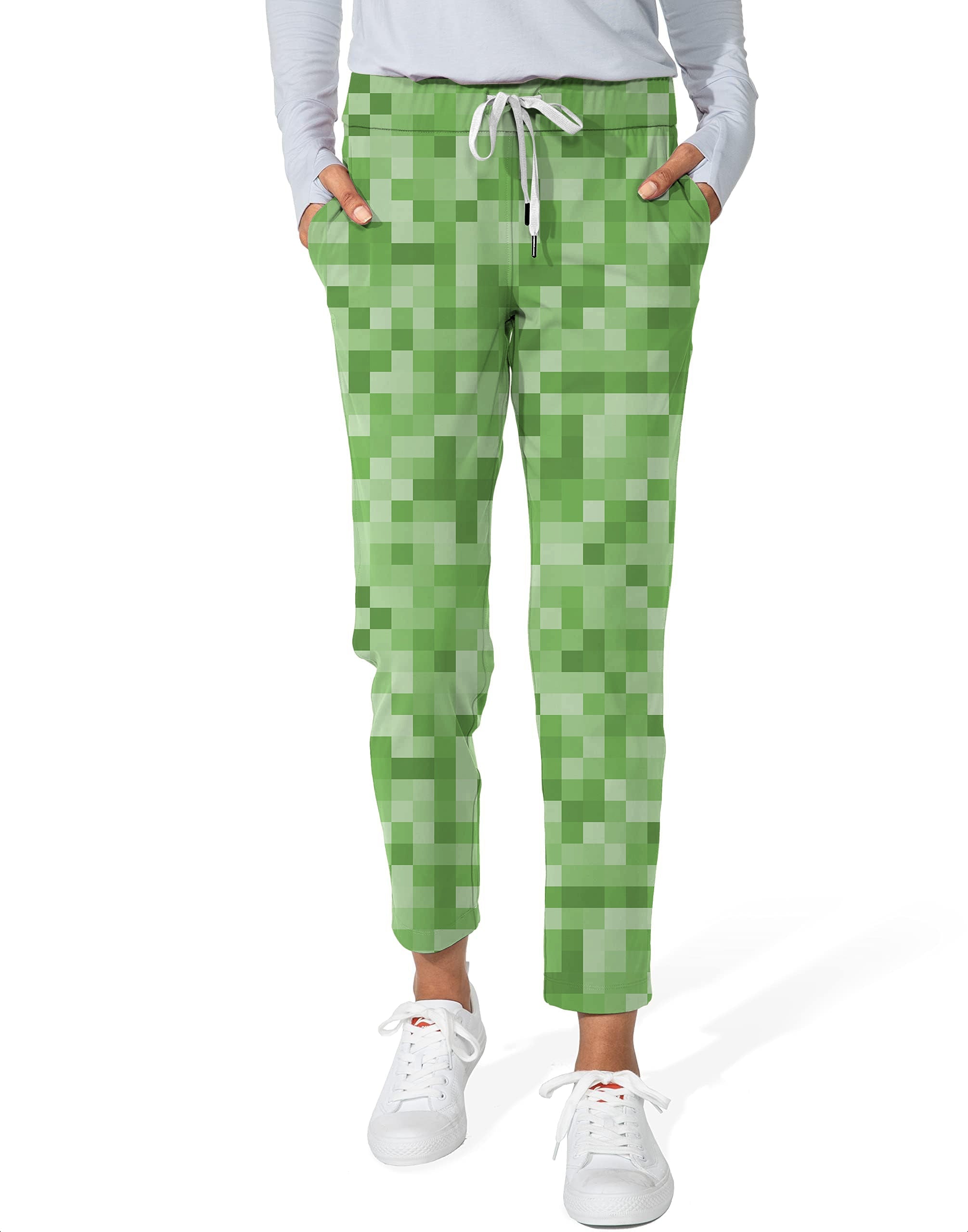 Light green pixel pattern women's 7/8 stretch ankle golf pants with drawstring waistband