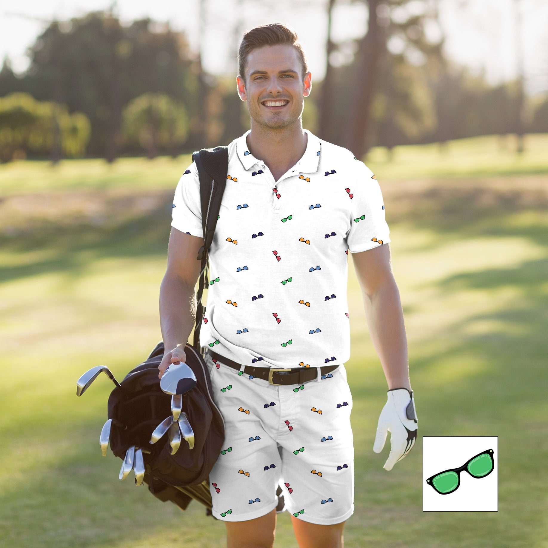 Men's Golf Set Polo+Shorts olorful Sunglass Custom The Background Color