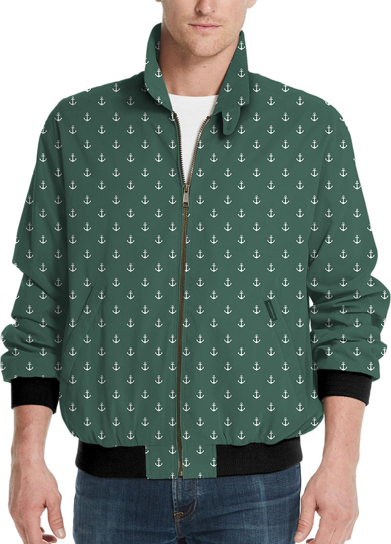 Green Anchor Men's Golf Windbreaker jacket with white anchor pattern and black cuffs.
